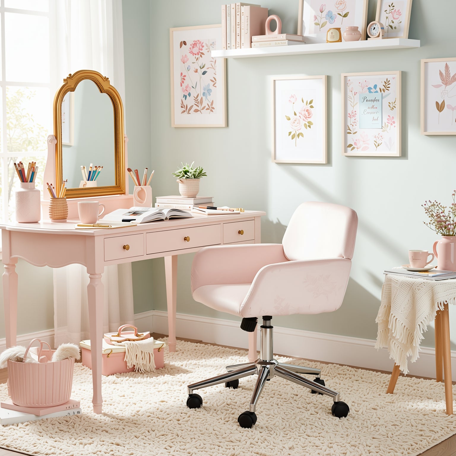 ROSS Velvet Swivel Desk Chair with Arms, Adjustable Height Task Chair on Wheels, Chrome Base, Blush Pink