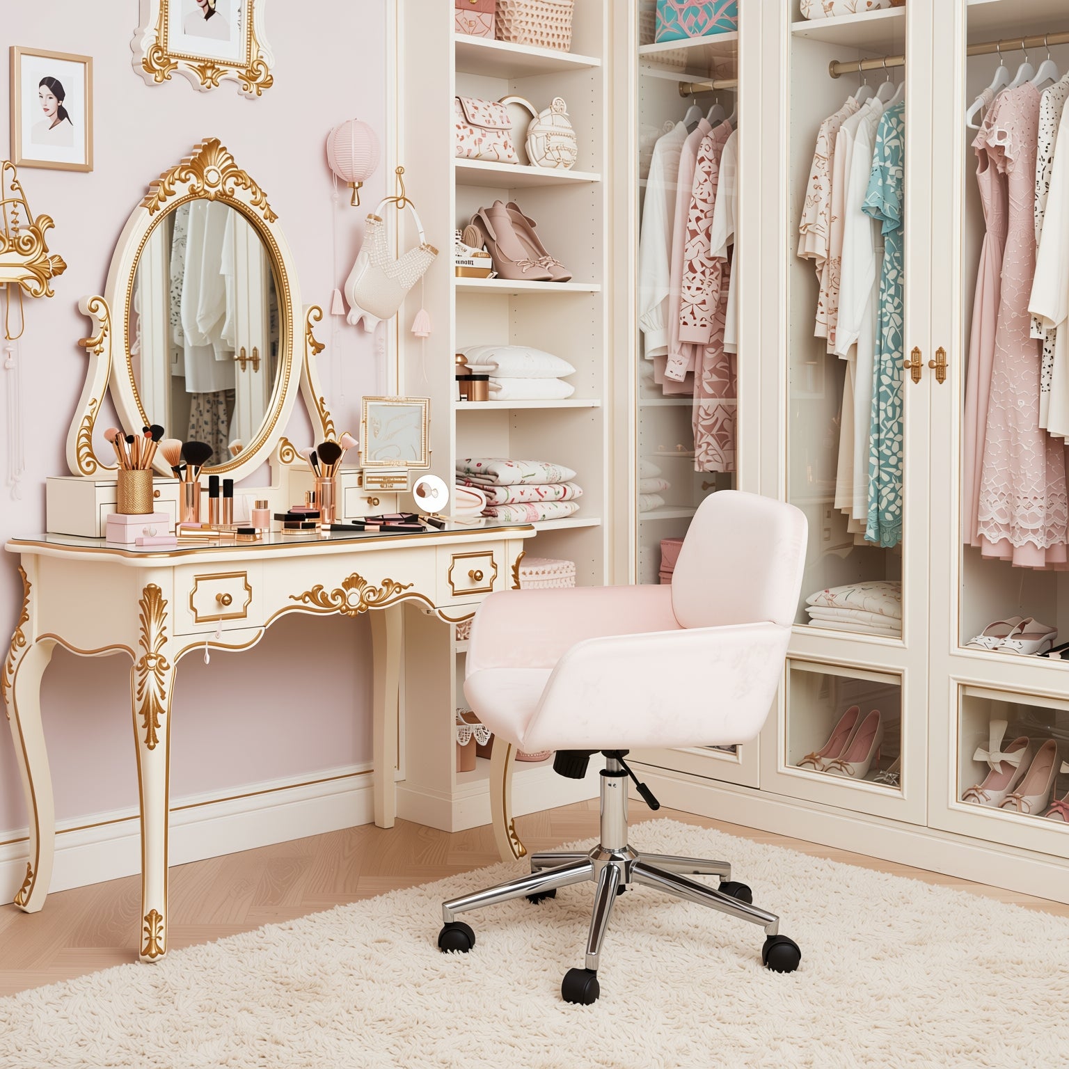 ROSS Velvet Swivel Desk Chair with Arms, Adjustable Height Task Chair on Wheels, Chrome Base, Blush Pink