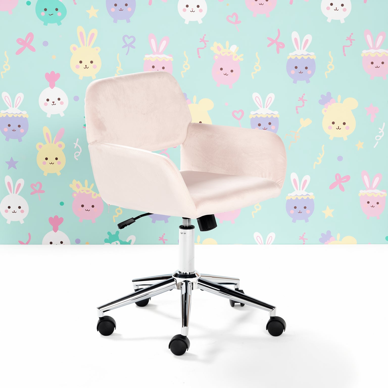 ROSS Velvet Swivel Desk Chair with Arms, Adjustable Height Task Chair on Wheels, Chrome Base, Blush Pink