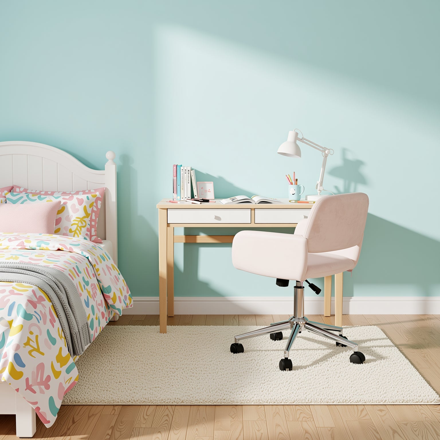 ROSS Velvet Swivel Desk Chair with Arms, Adjustable Height Task Chair on Wheels, Chrome Base, Blush Pink