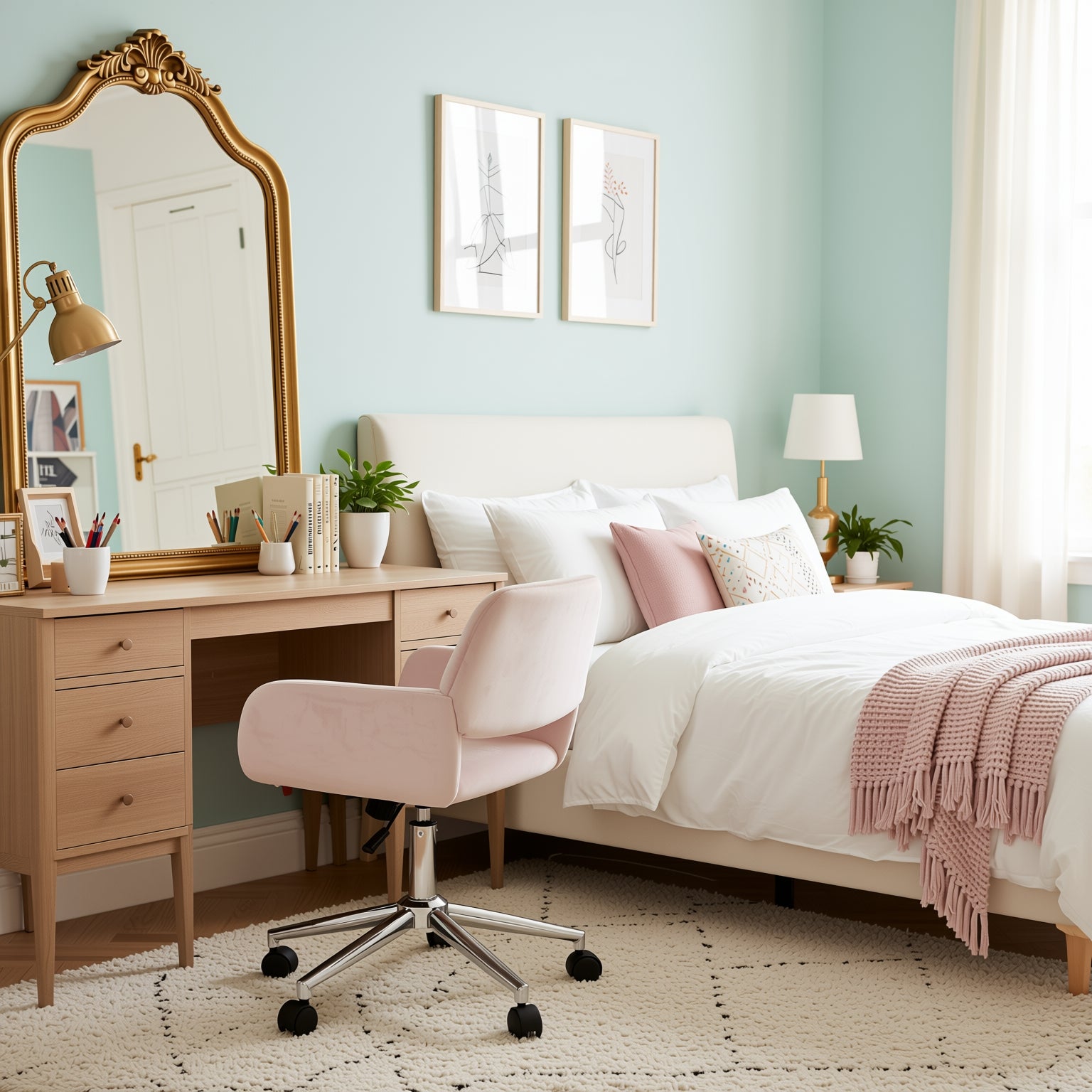 ROSS Velvet Swivel Desk Chair with Arms, Adjustable Height Task Chair on Wheels, Chrome Base, Blush Pink