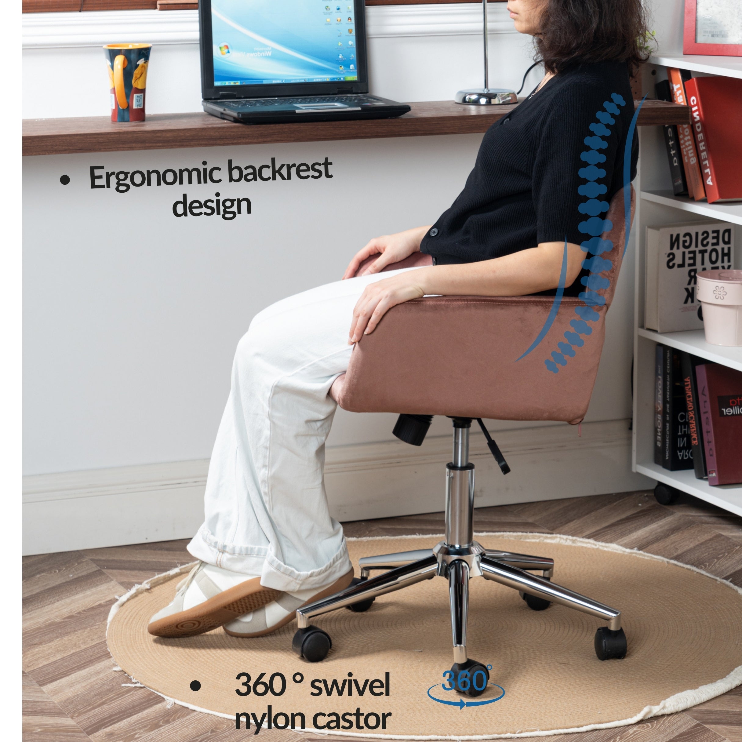 Homy Casa Ross Velvet Pink Swivel Desk Chair with Arms