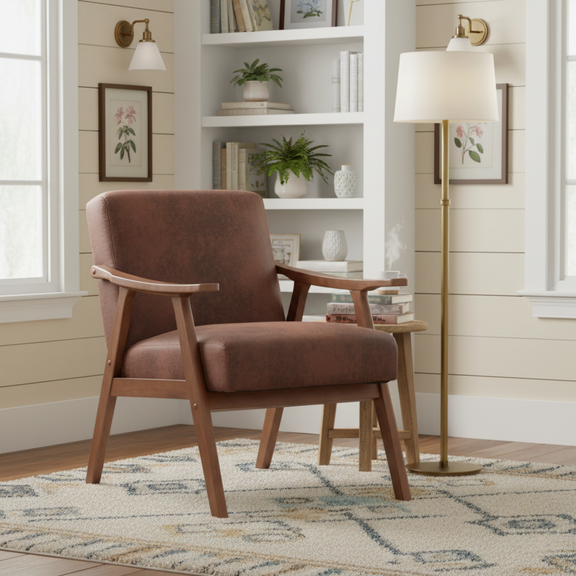 Aden Mid Century Modern Accent Chair with Solid Wood Frame and Thick Backrest