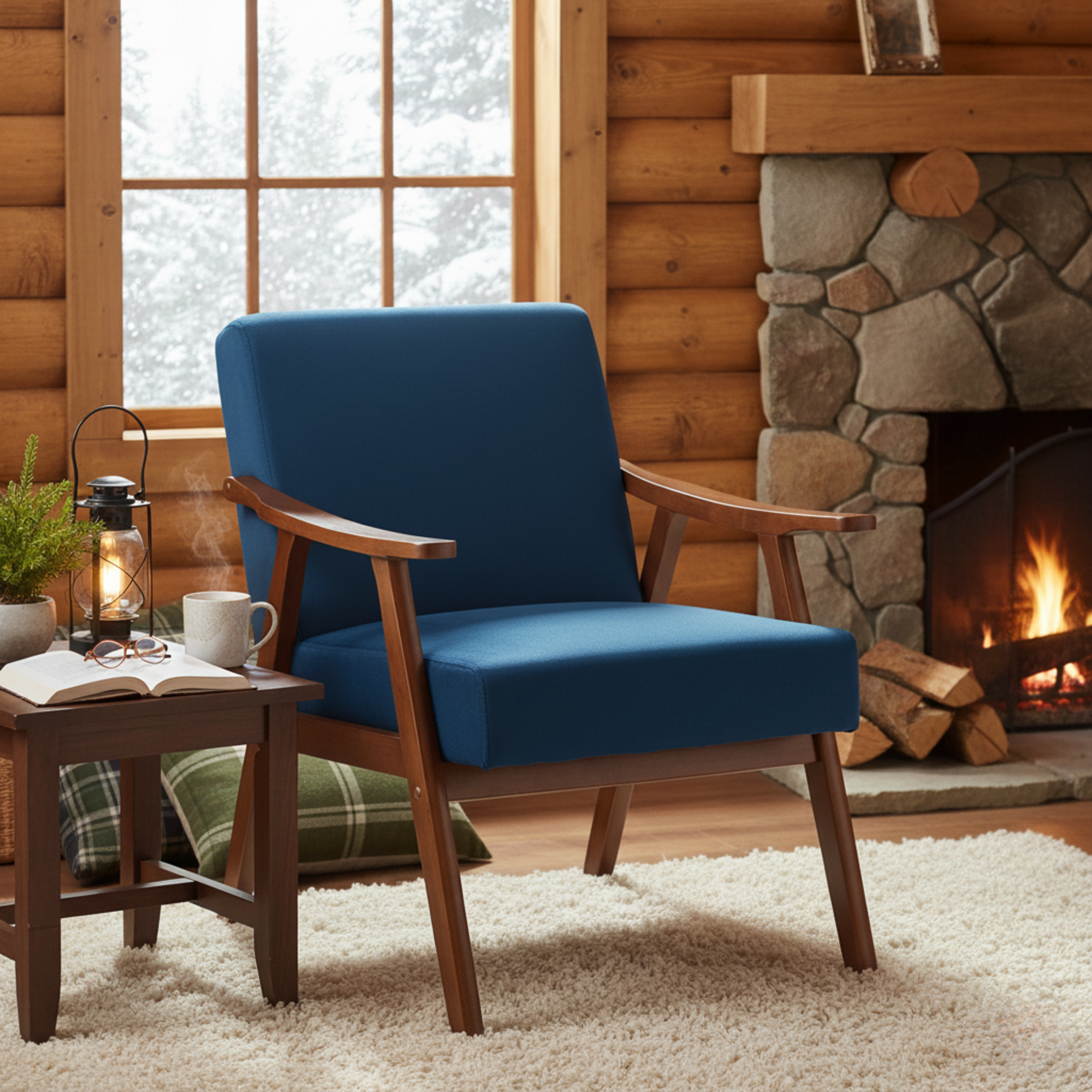 Aden Mid Century Modern Accent Chair with Solid Wood Frame and Thick Backrest