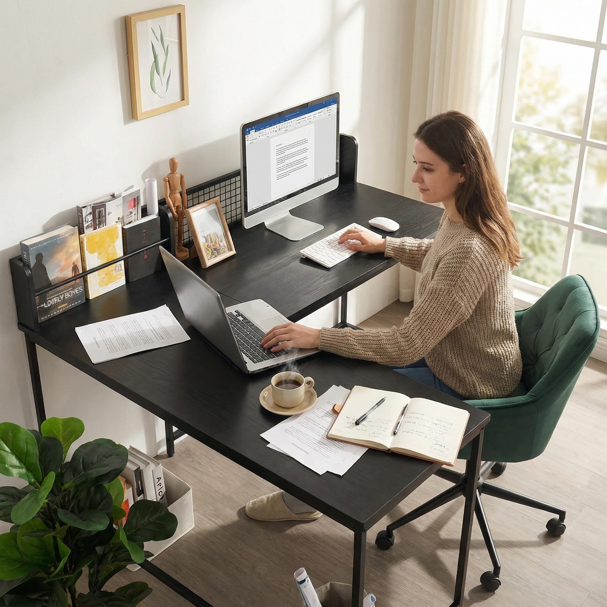 Homy Casa ROGER BLACK B Corner Computer Desk "65" x 43" - Modern Office Workspace Desk