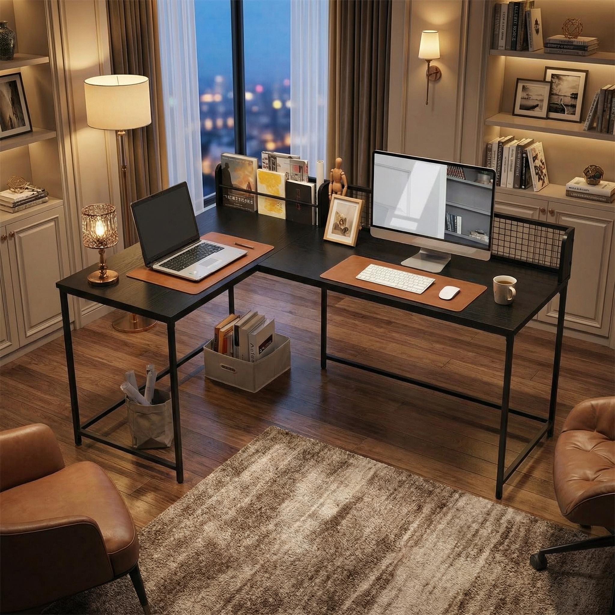 Homy Casa ROGER BLACK B Corner Computer Desk "65" x 43" - Modern Office Workspace Desk