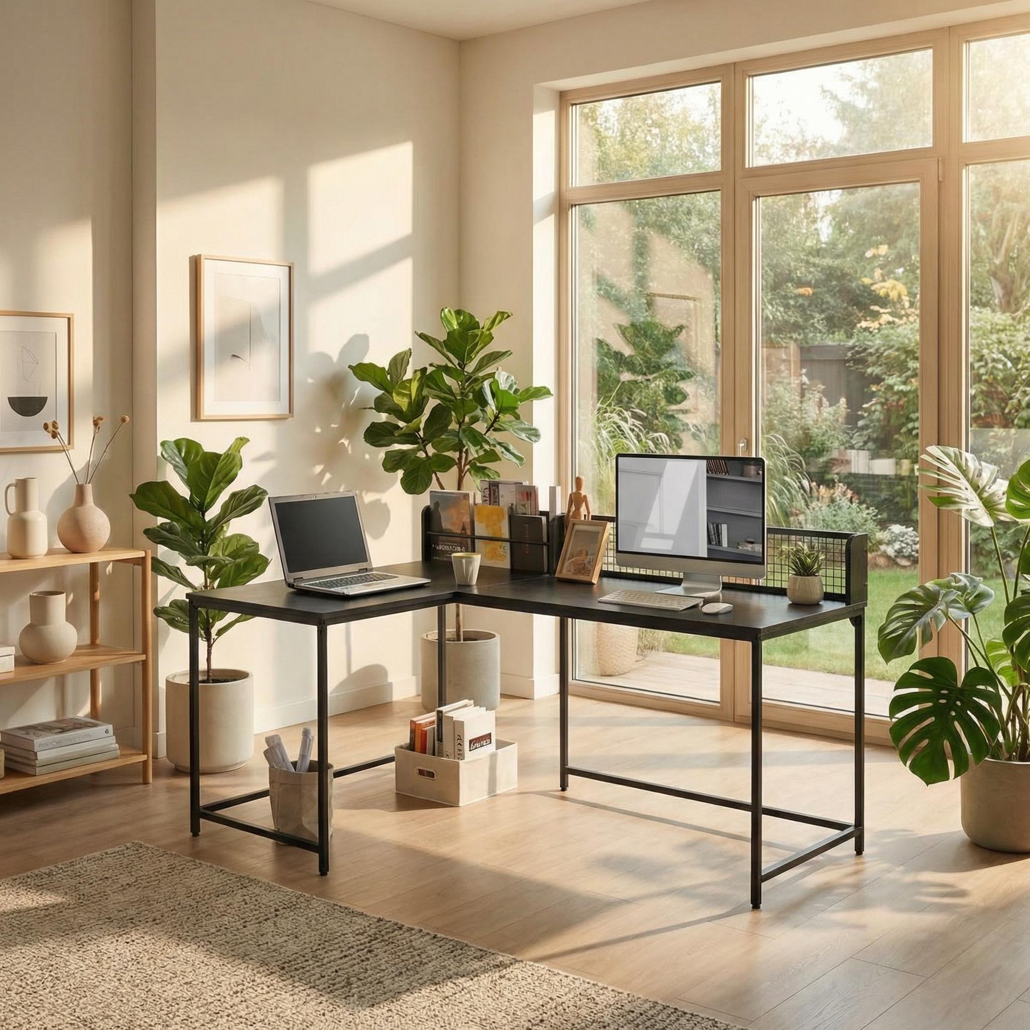 Homy Casa ROGER BLACK B Corner Computer Desk "65" x 43" - Modern Office Workspace Desk