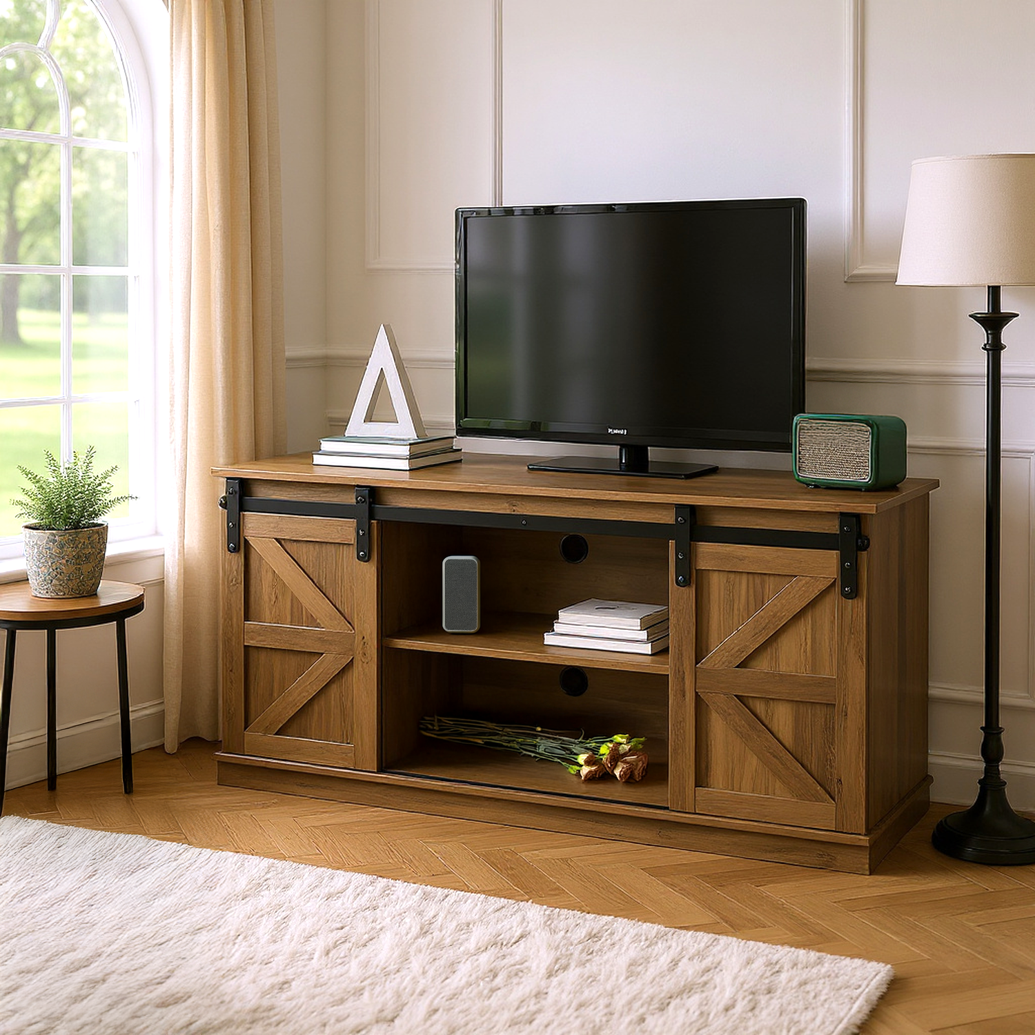 Homy Casa Antwerp 58" Farmhouse TV Stand with Sliding Barn Doors in Rustic Brow