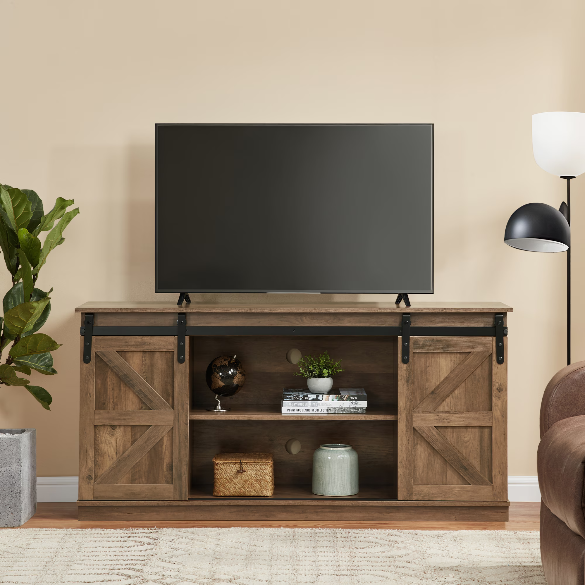 Antwerp 58" Farmhouse TV Stand with Sliding Barn Doors in Rustic Brow