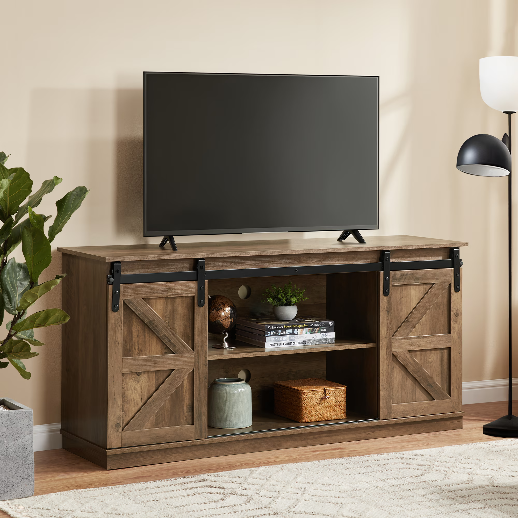 Antwerp 58" Farmhouse TV Stand with Sliding Barn Doors in Rustic Brow