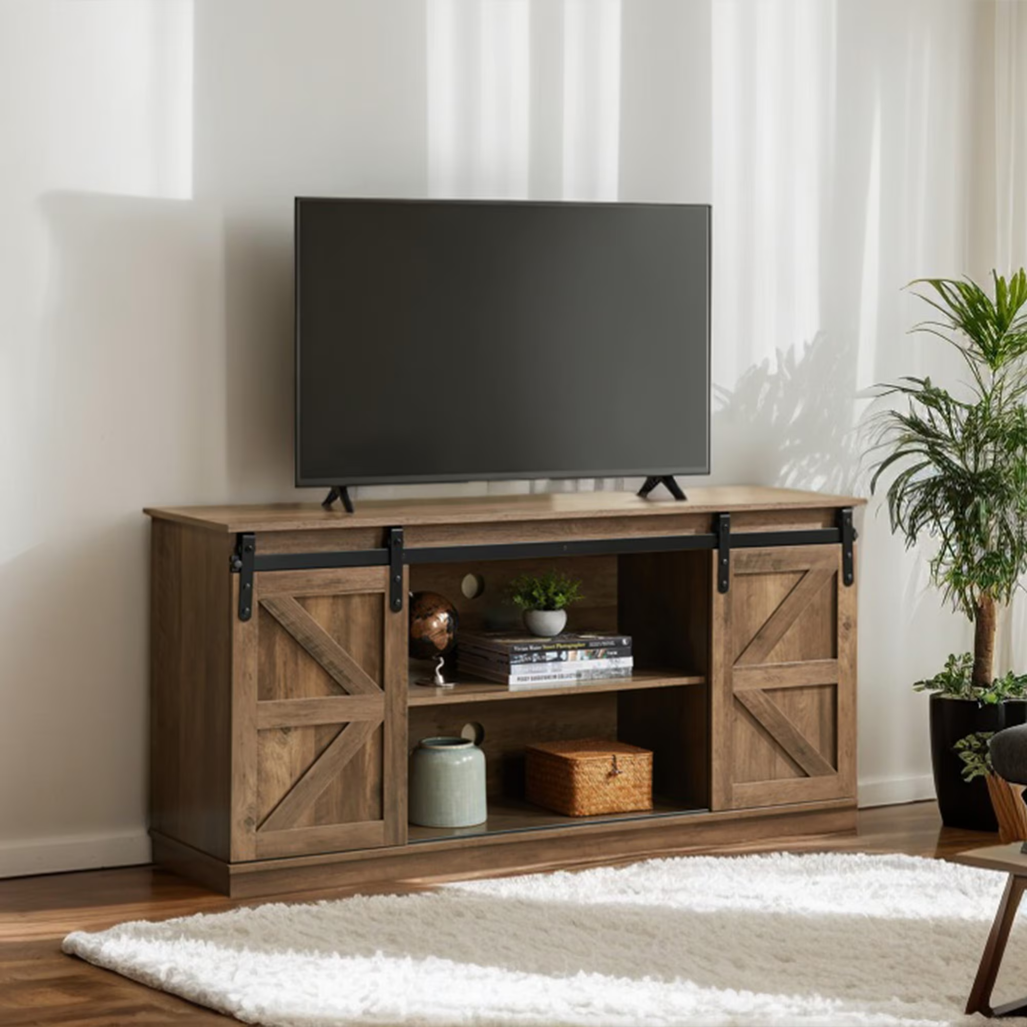 Antwerp 58" Farmhouse TV Stand with Sliding Barn Doors in Rustic Brow