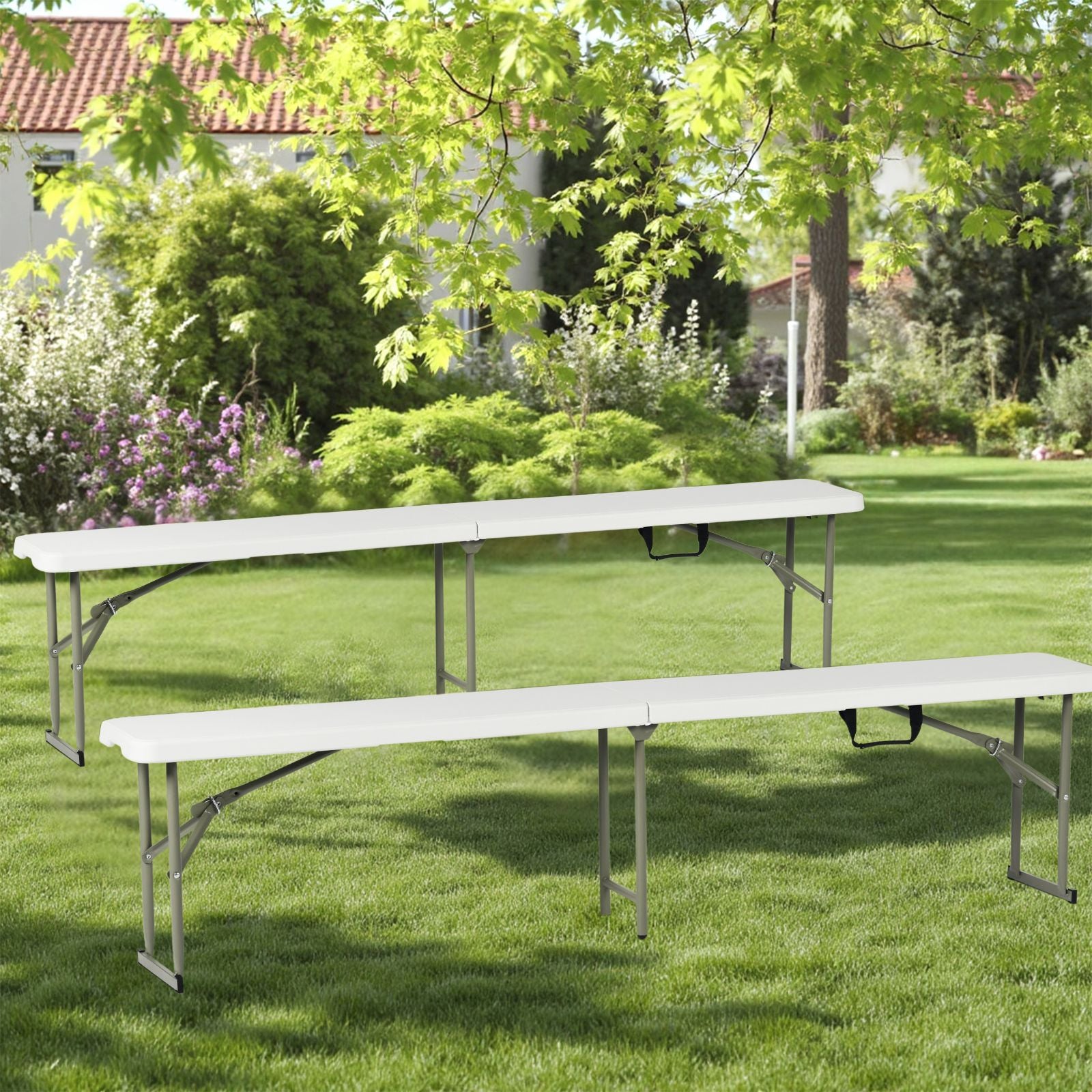 YIKA 6 Foot Folding Benches Set of 2 Portable Plastic Benches with Carry Handle Indoor Outdoor Seating White