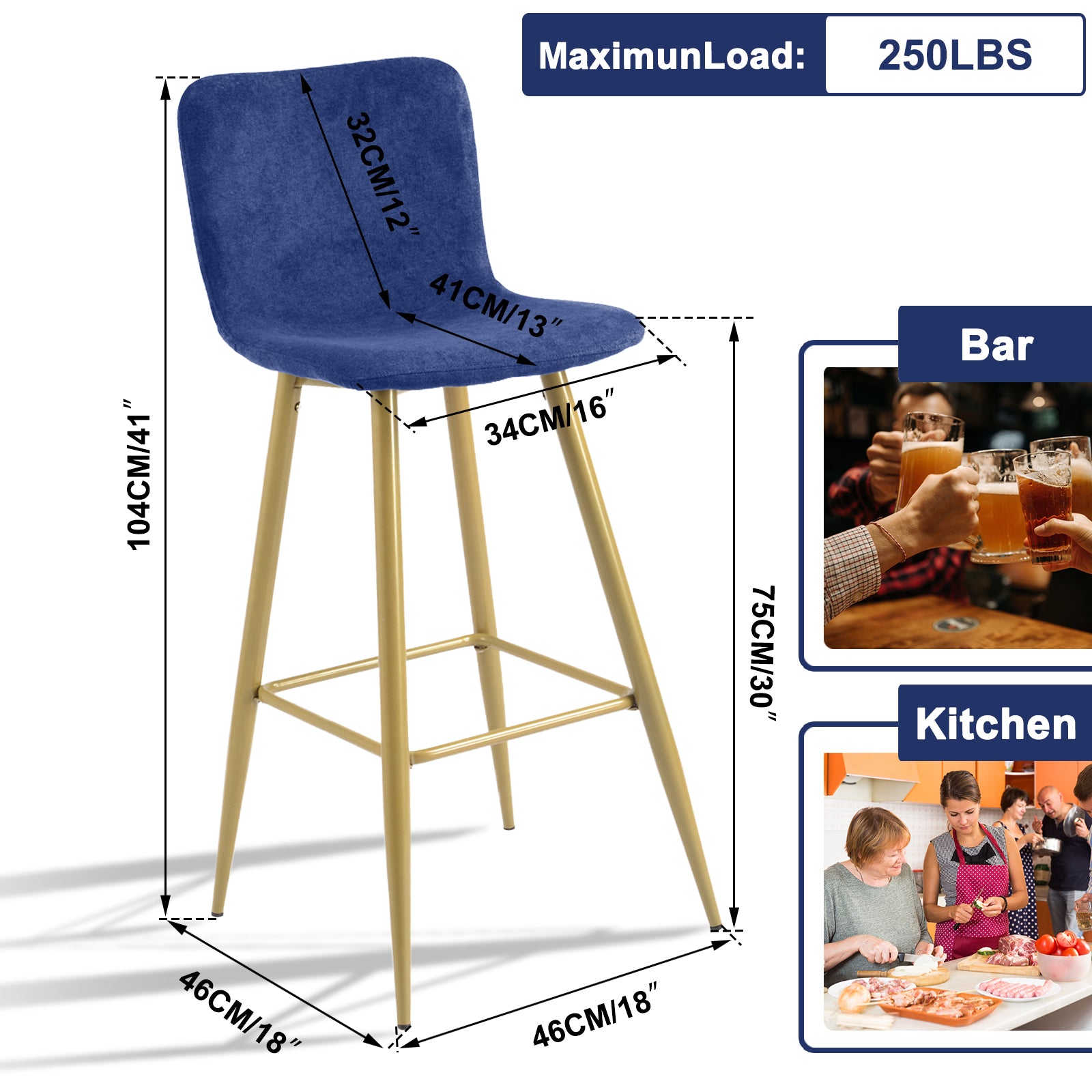 Homy Casa Scargill 2PC Upholstered Bar Height Bar Stools in Dark Blue Open Box
