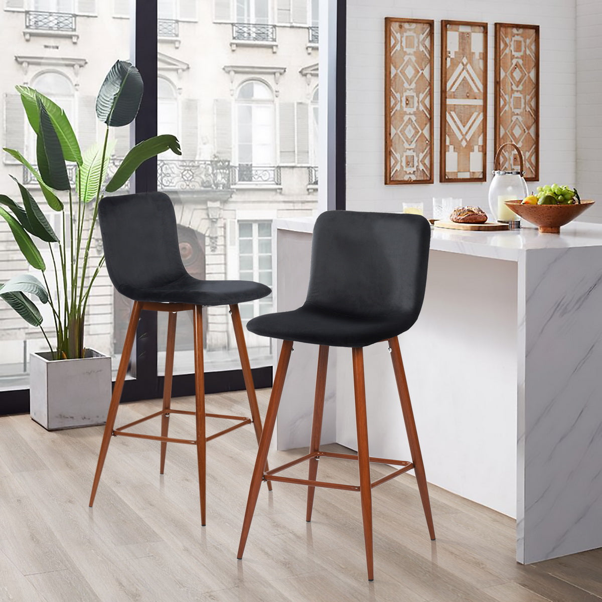 Homy Casa SCARGILL BAR VELVET BLACK 16.54" L x 19.49" W x 39.37" H Bar Stool Chair