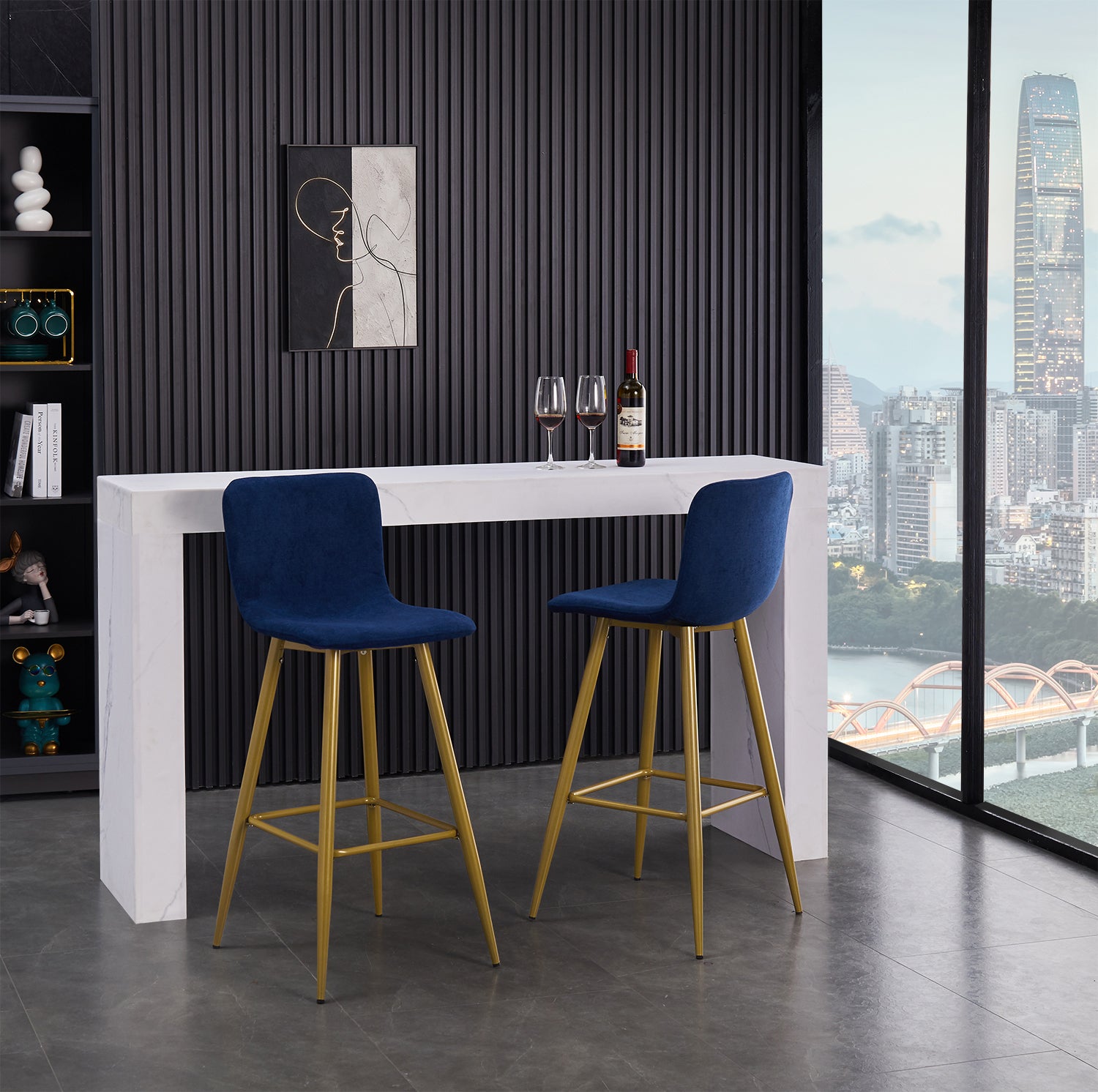 Homy Casa Scargill 2PC Upholstered Bar Height Bar Stools in Dark Blue Open Box