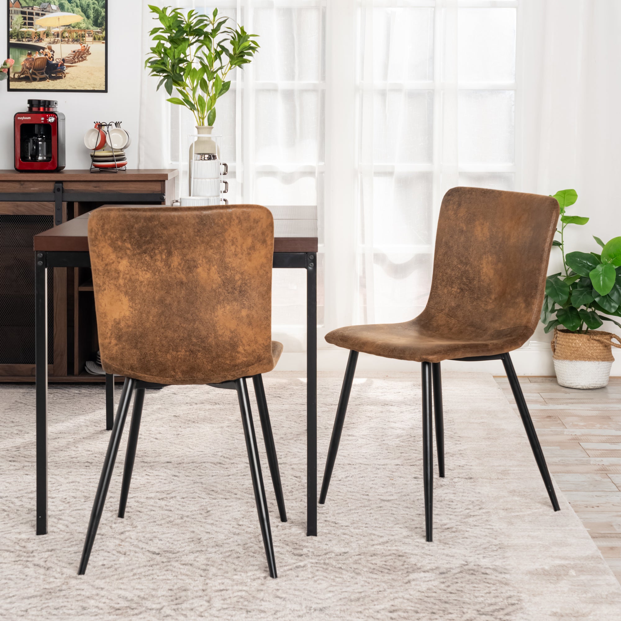Homy Casa Slip 7PC White Marble Dining Set 55” Table with Golden Base and 6 Scargill Chairs in Suede Brown
