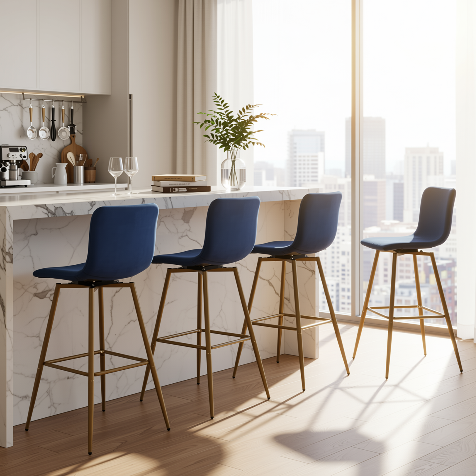 Homy Casa SCARGILL 4PC Bar Stool Set 30" Counter Height Dining Set with Navy Blue Upholstered Seats and Gold Legs Open Box