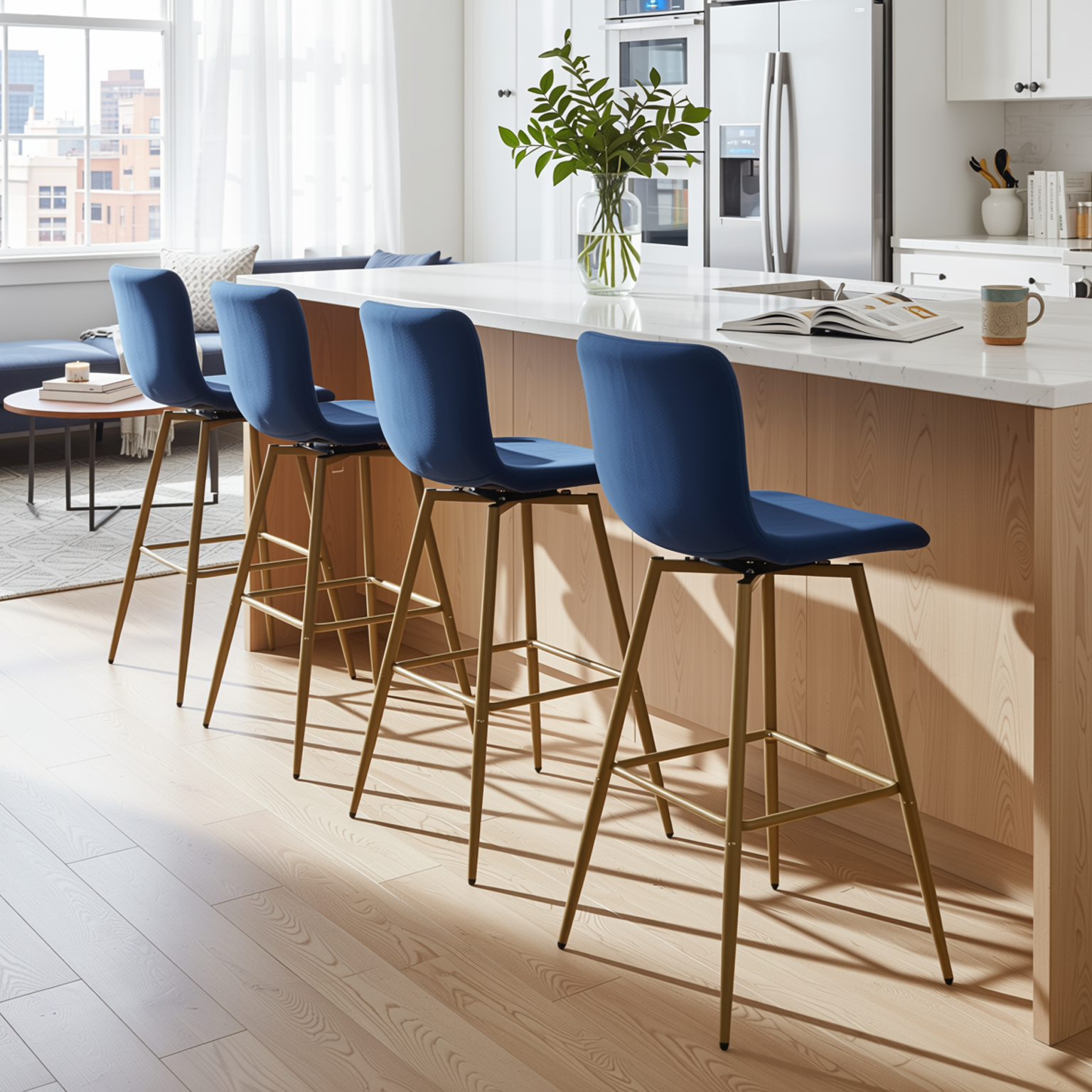 Homy Casa SCARGILL 4PC Bar Stool Set 30" Counter Height Dining Set with Navy Blue Upholstered Seats and Gold Legs Open Box