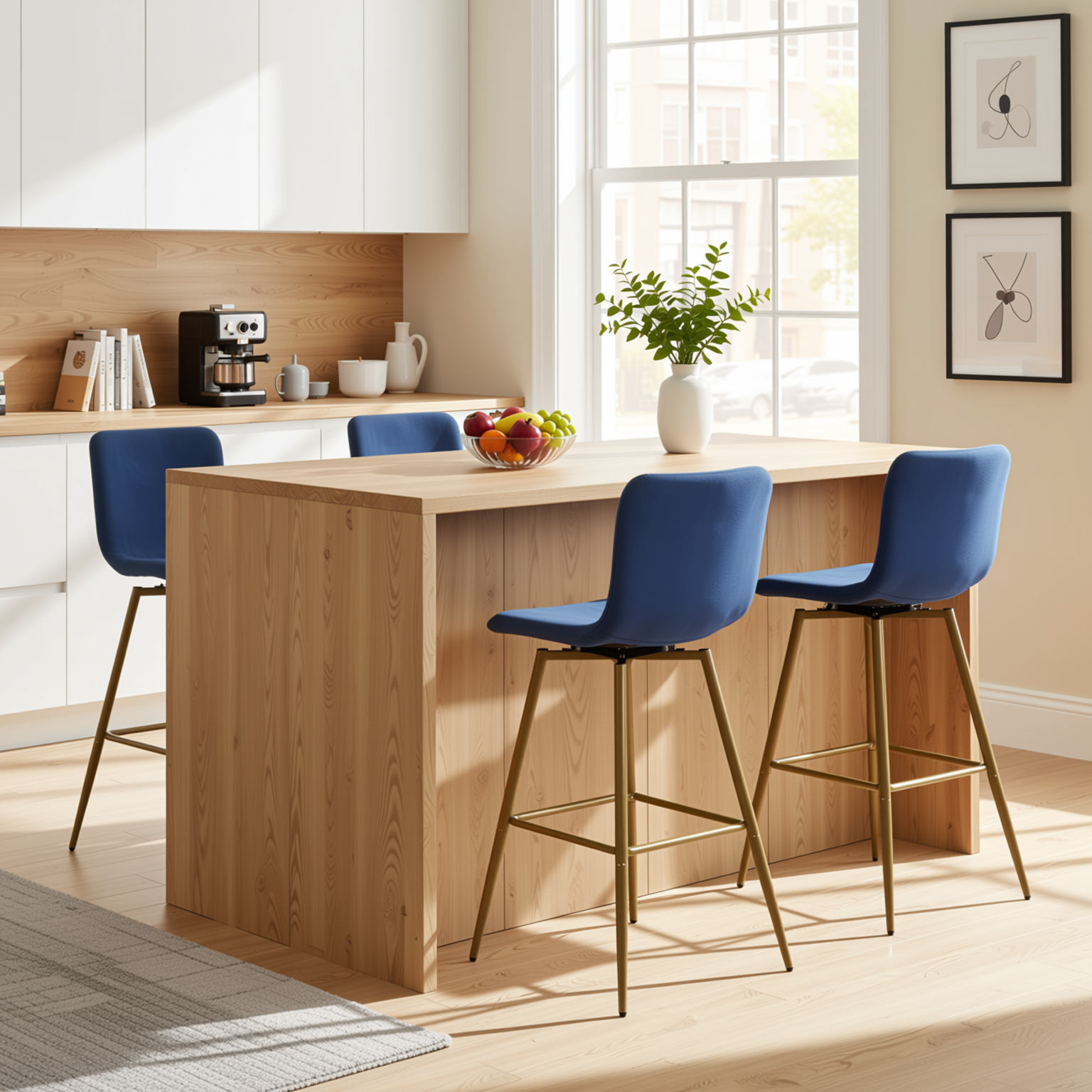 Homy Casa SCARGILL 4PC Bar Stool Set 30" Counter Height Dining Set with Navy Blue Upholstered Seats and Gold Legs Open Box