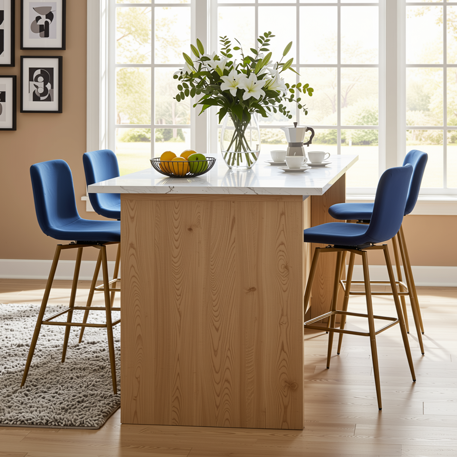 Homy Casa SCARGILL 4PC Bar Stool Set 30" Counter Height Dining Set with Navy Blue Upholstered Seats and Gold Legs Open Box