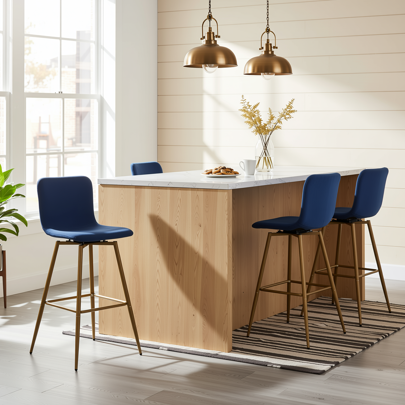 Homy Casa SCARGILL 4PC Bar Stool Set 30" Counter Height Dining Set with Navy Blue Upholstered Seats and Gold Legs Open Box