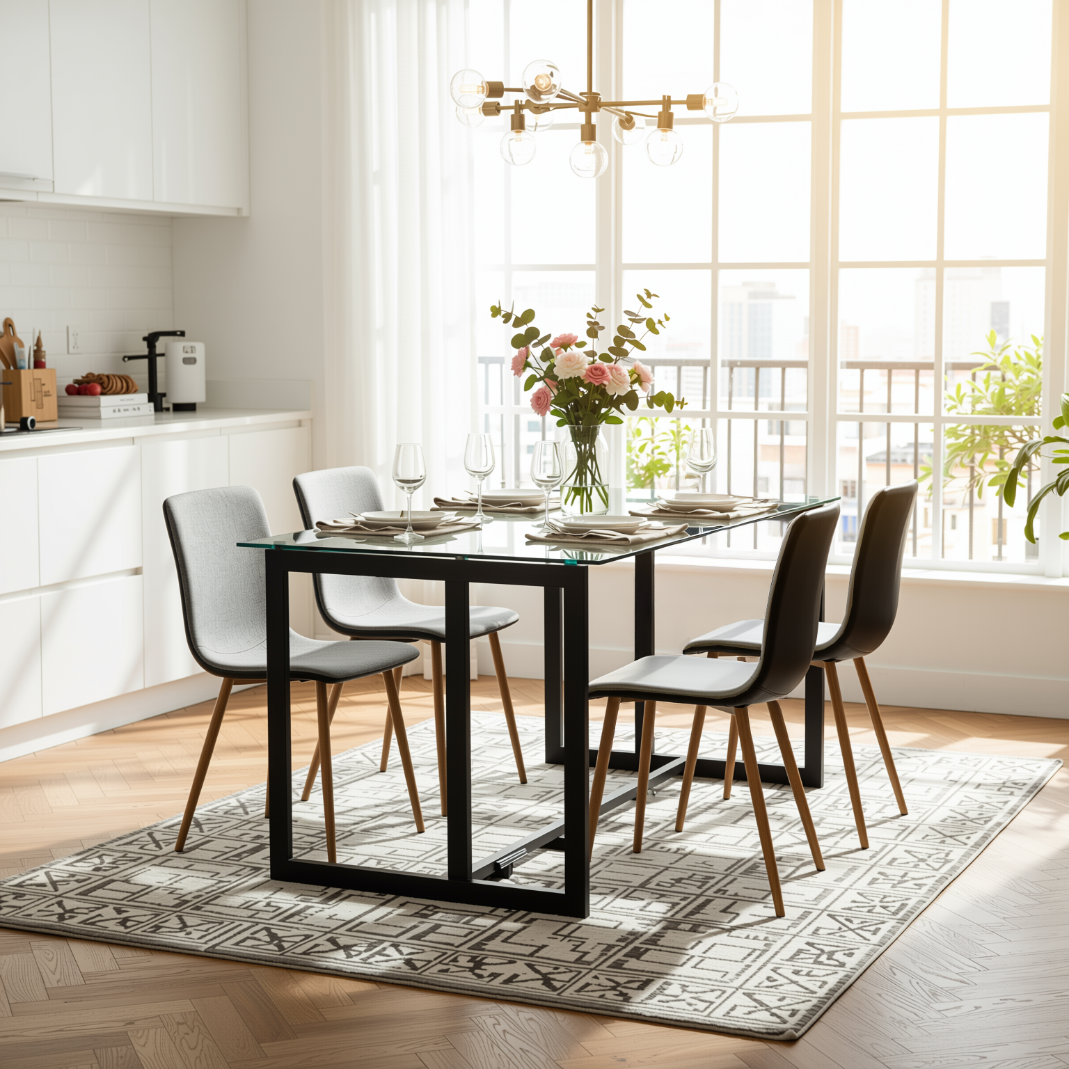 Homy Casa Slip 5PC Dining Set 55” Clear Glass Table with 4 Scargill Upholstered Chairs, Grey Fabric