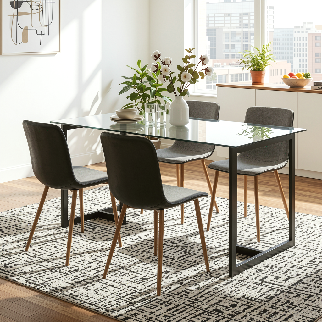 Homy Casa Slip 5PC Dining Set 55” Clear Glass Table with 4 Scargill Upholstered Chairs, Grey Fabric