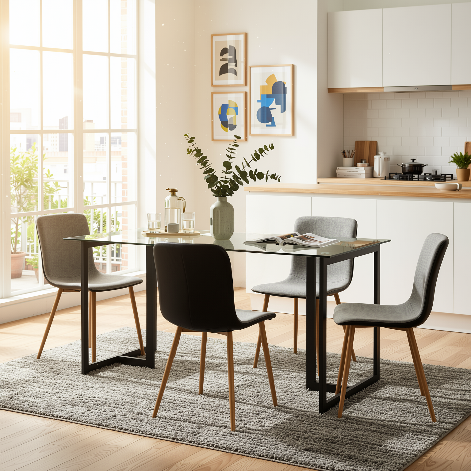 Homy Casa Slip 5PC Dining Set 55” Clear Glass Table with 4 Scargill Upholstered Chairs, Grey Fabric