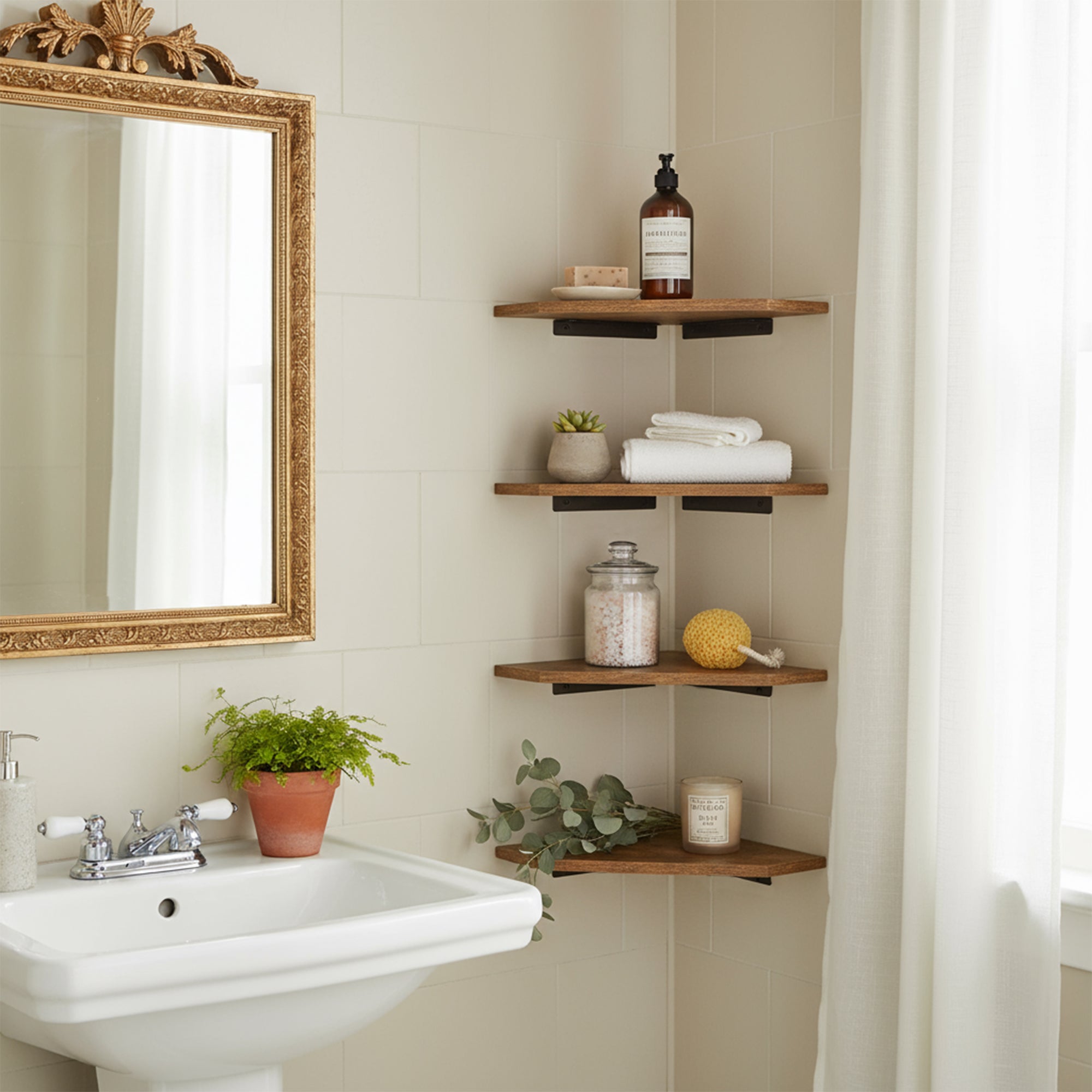 SCOUNT Corner Floating Shelves Set of 4 Rustic Brown Wall Shelves with Black Metal Brackets for Bathroom Bedroom Kitchen