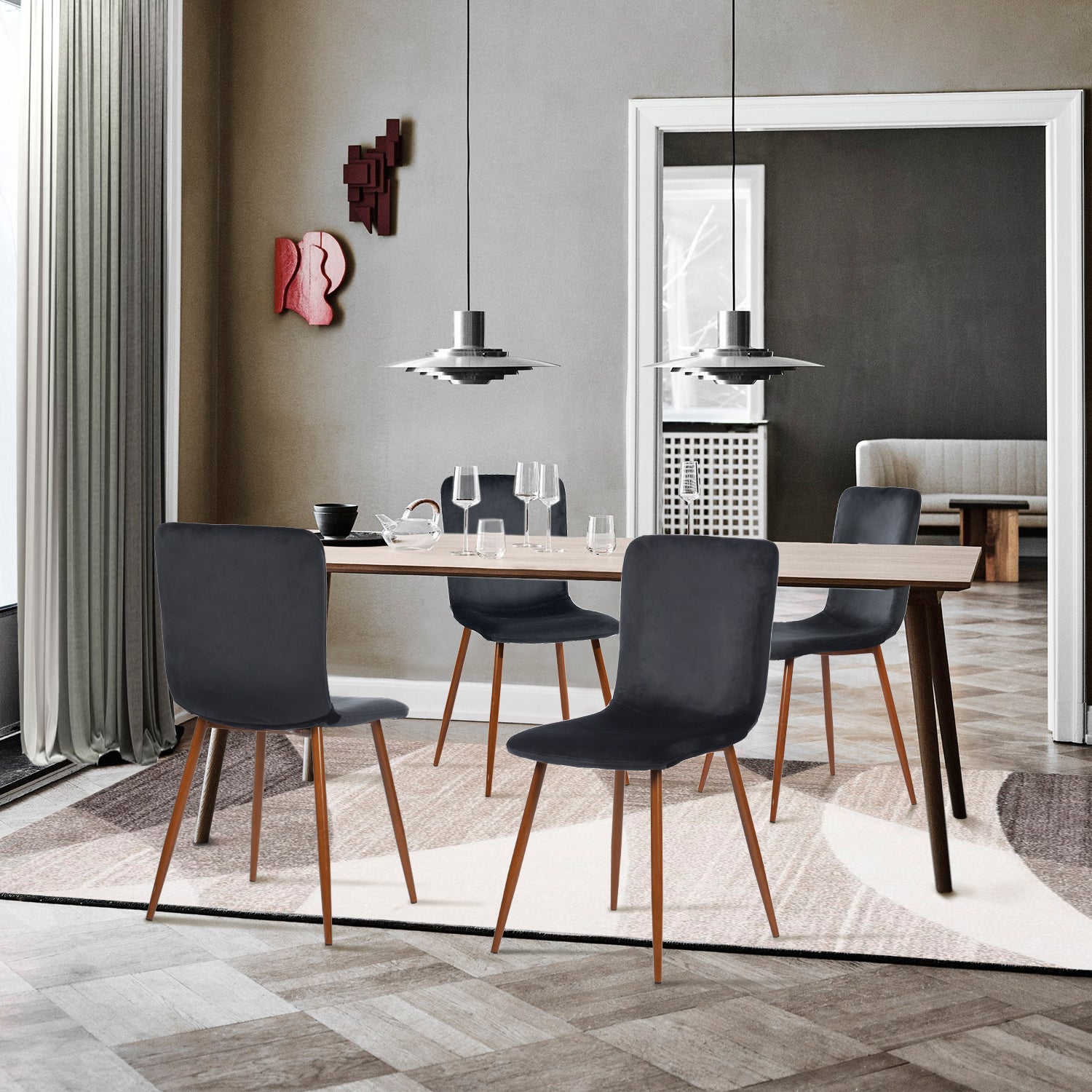 Homy Casa SCRAGILL Velvet Black Dining Chairs with Fabric Seat and Walnut Wood Accents Open Box