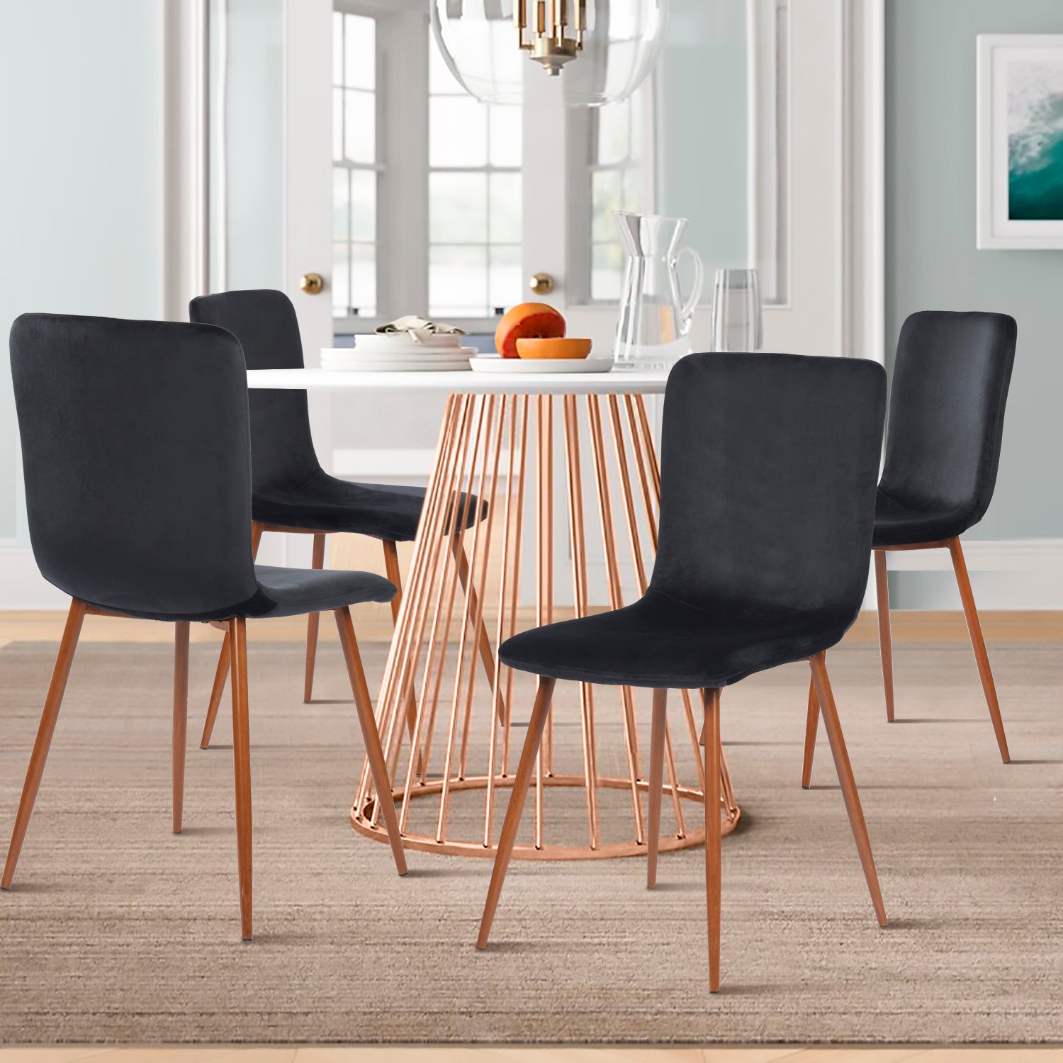 Homy Casa SCRAGILL 4PC Velvet Black Industrial Dining Chair with Fabric Seat and Walnut Wood Accents