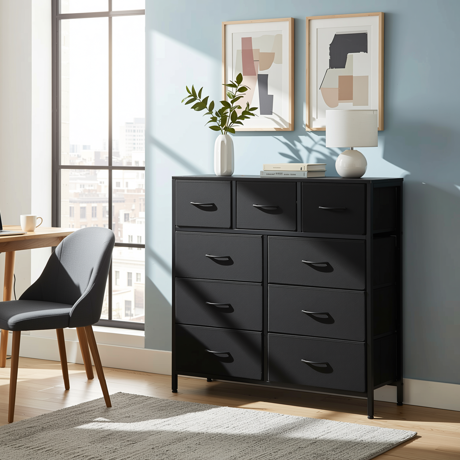 Homy Casa SHANKS IX Industrial Storage Cabinet 9 Drawers Dark Grey
