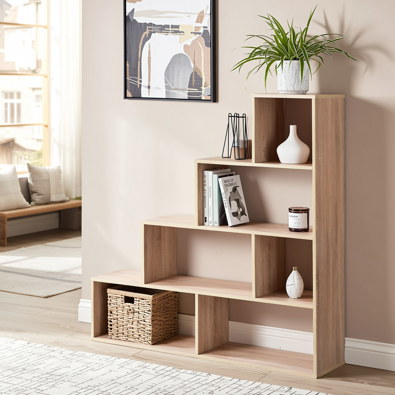 Homy Casa SIMMS SMALL Modern Wood Bookcase, 120x29x120cm, E1 Standard Particle Board, Home & Office Storage Shelf