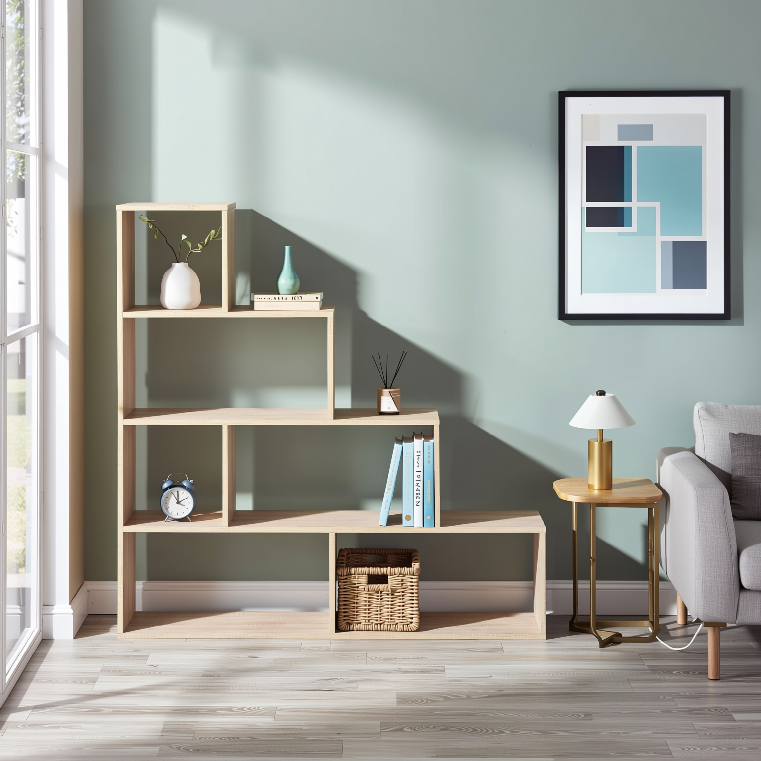 Homy Casa SIMMS SMALL Modern Wood Bookcase, 120x29x120cm, E1 Standard Particle Board, Home & Office Storage Shelf