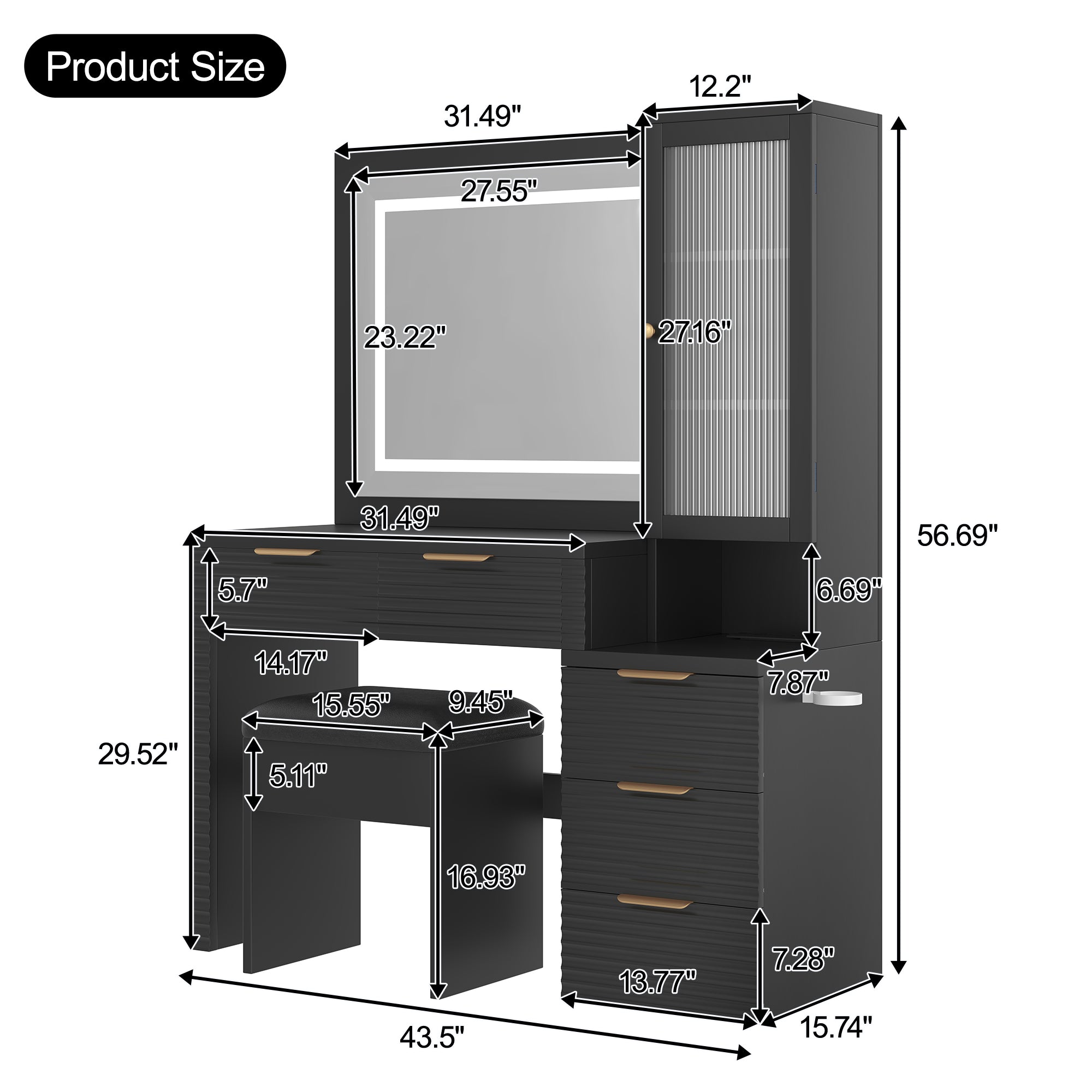 Fernwood 43.5" Fluted Makeup Vanity Set with Lighted Mirror and Charging Station