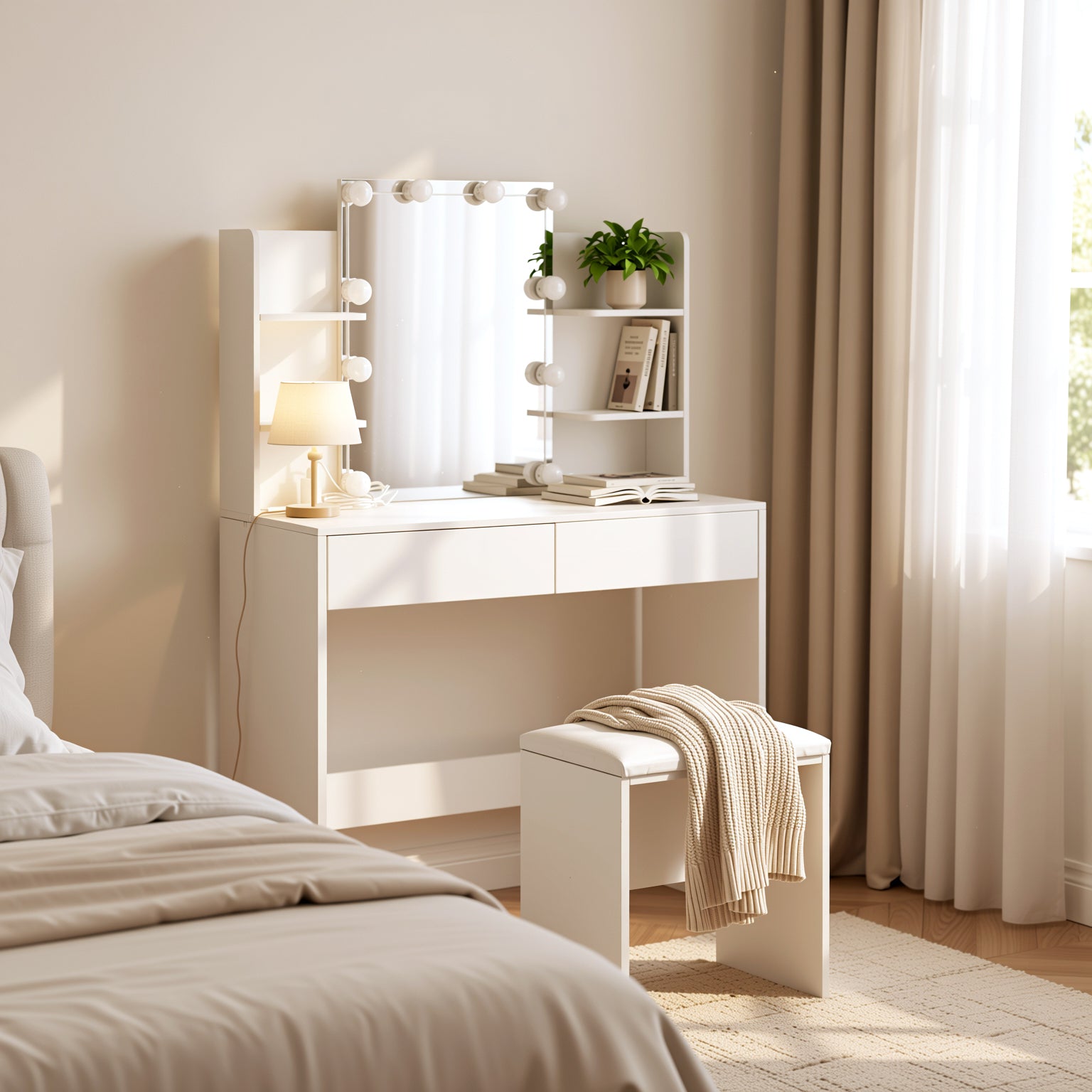 Slan Modern White Vanity Set with 7 Colors LED Mirror and Stool 35.4" Vanity Table LED Makeup Desk Storage Shelves