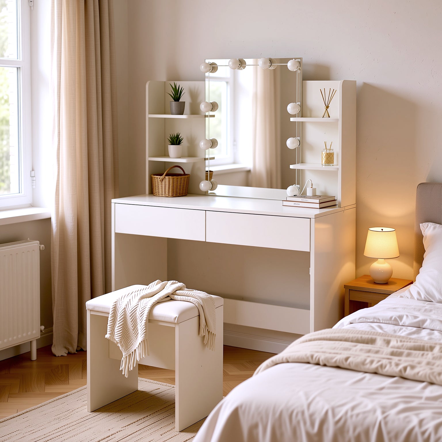 Homy Casa Slan 35“ Modern White Vanity Set with 7 Colors LED Mirror and Stool