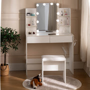 Homy Casa Slan Modern White Vanity Set with 7 Colors LED Mirror and Stool 35.4" Vanity Table LED Makeup Desk Storage Shelves