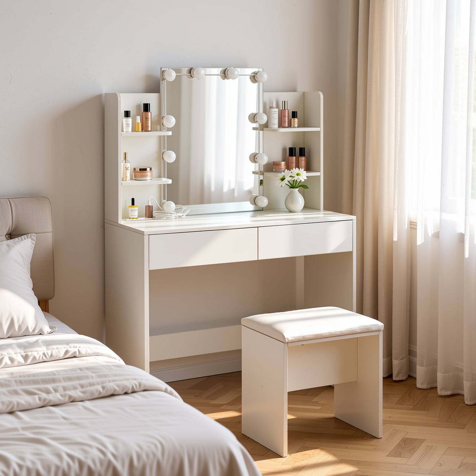 Homy Casa Slan 35“ Modern White Vanity Set with 7 Colors LED Mirror and Stool