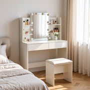 Slan Modern White Vanity Set with 7 Colors LED Mirror and Stool 35.4" Vanity Table LED Makeup Desk Storage Shelves