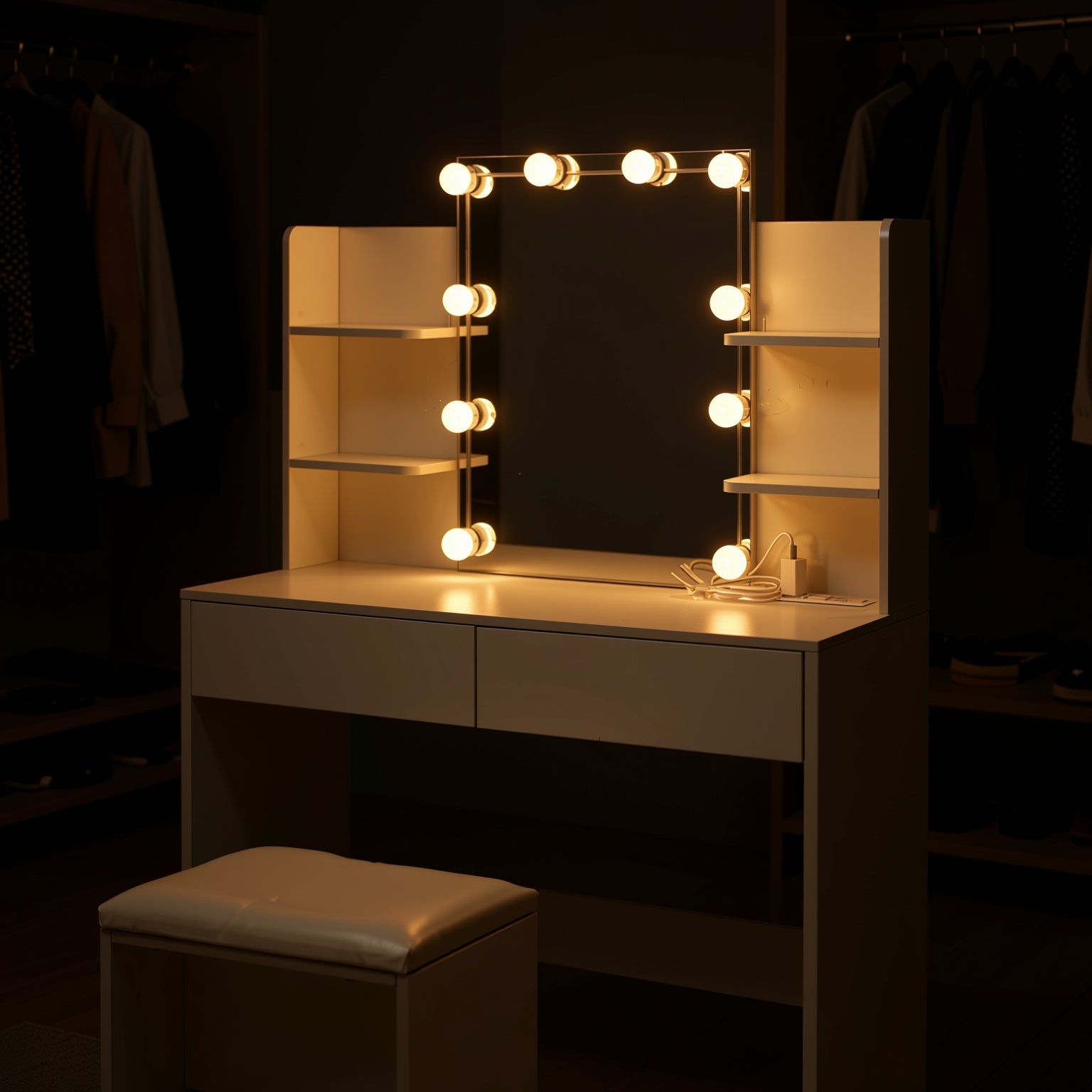 Homy Casa Slan 35“ Modern White Vanity Set with 7 Colors LED Mirror and Stool
