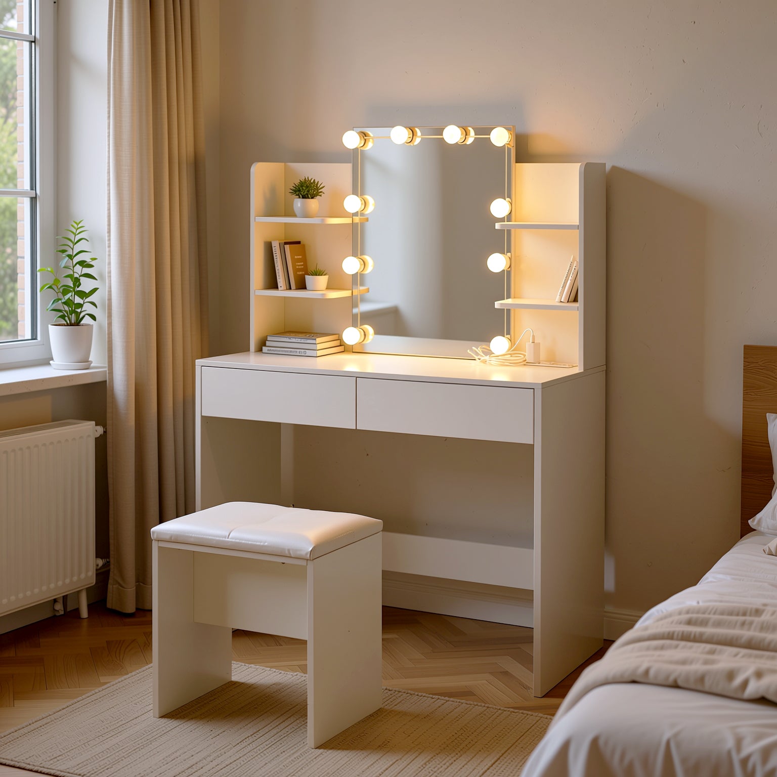 Slan Modern White Vanity Set with 7 Colors LED Mirror and Stool 35.4" Vanity Table LED Makeup Desk Storage Shelves