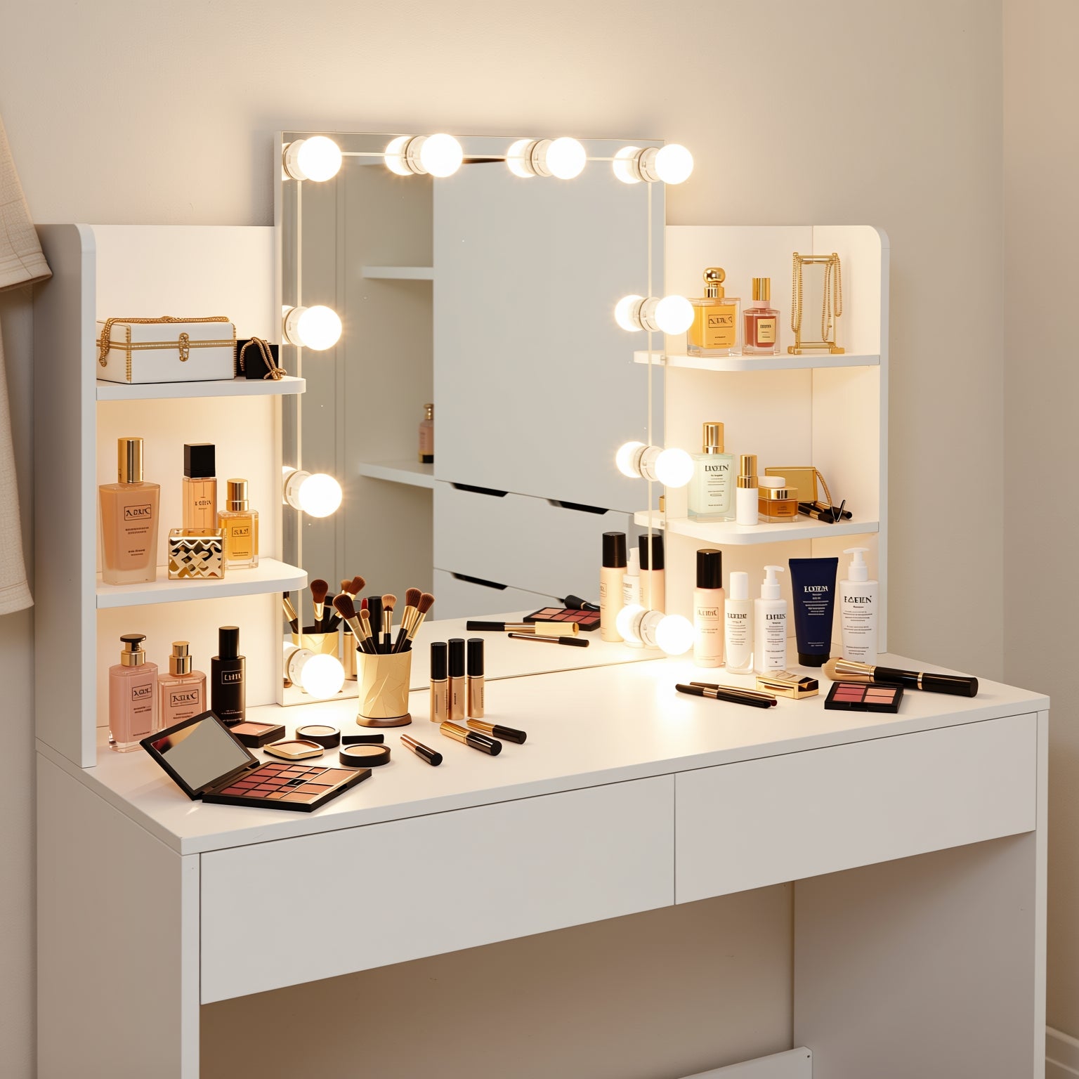 Slan Modern White Vanity Set with 7 Colors LED Mirror and Stool 35.4" Vanity Table LED Makeup Desk Storage Shelves