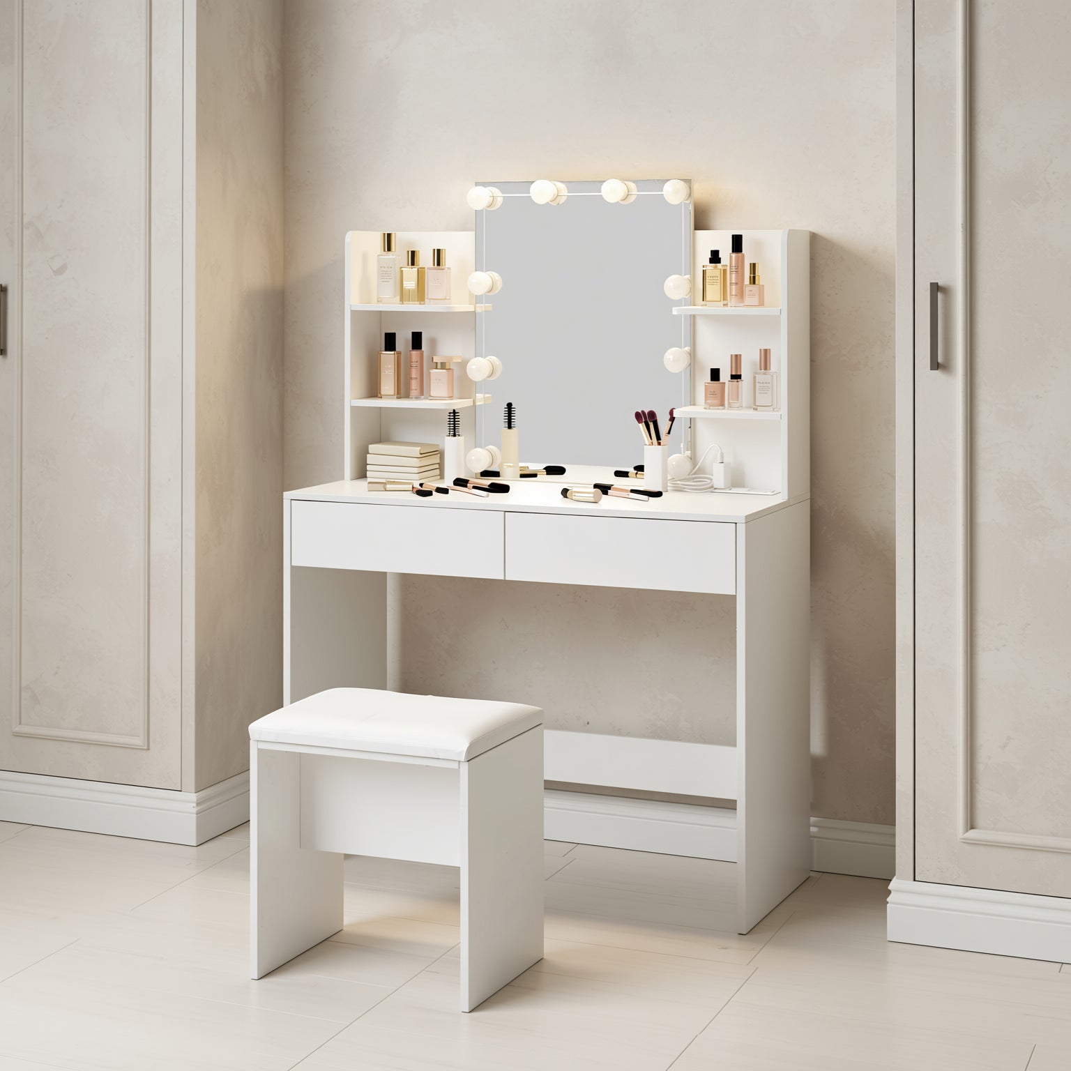 Slan Modern White Vanity Set with 7 Colors LED Mirror and Stool 35.4" Vanity Table LED Makeup Desk Storage Shelves