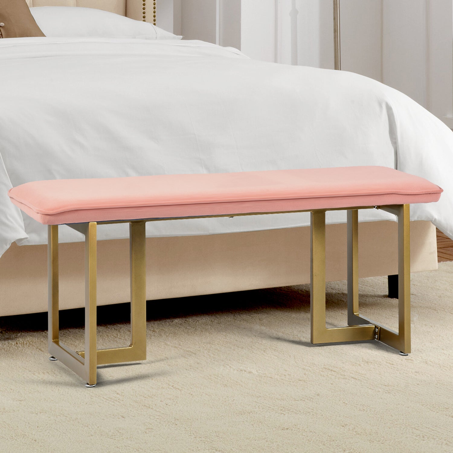 Homy Casa SLIP BENCH FROST BLUSH GOLD LEGS 44.5" x 15" x 18.5" Upholstered Bench for Living Room or Bedroom Open Box