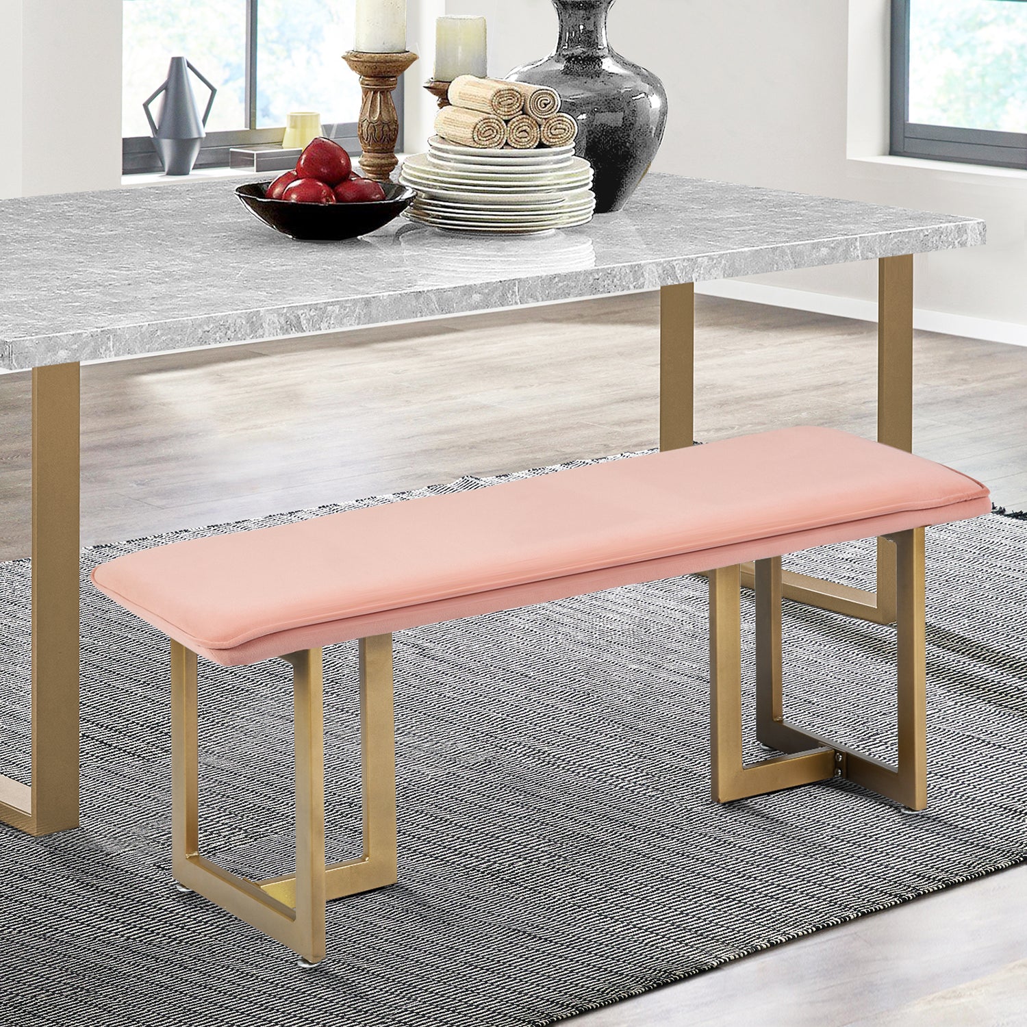 Homy Casa SLIP BENCH FROST BLUSH GOLD LEGS 44.5" x 15" x 18.5" Upholstered Bench for Living Room or Bedroom Open Box
