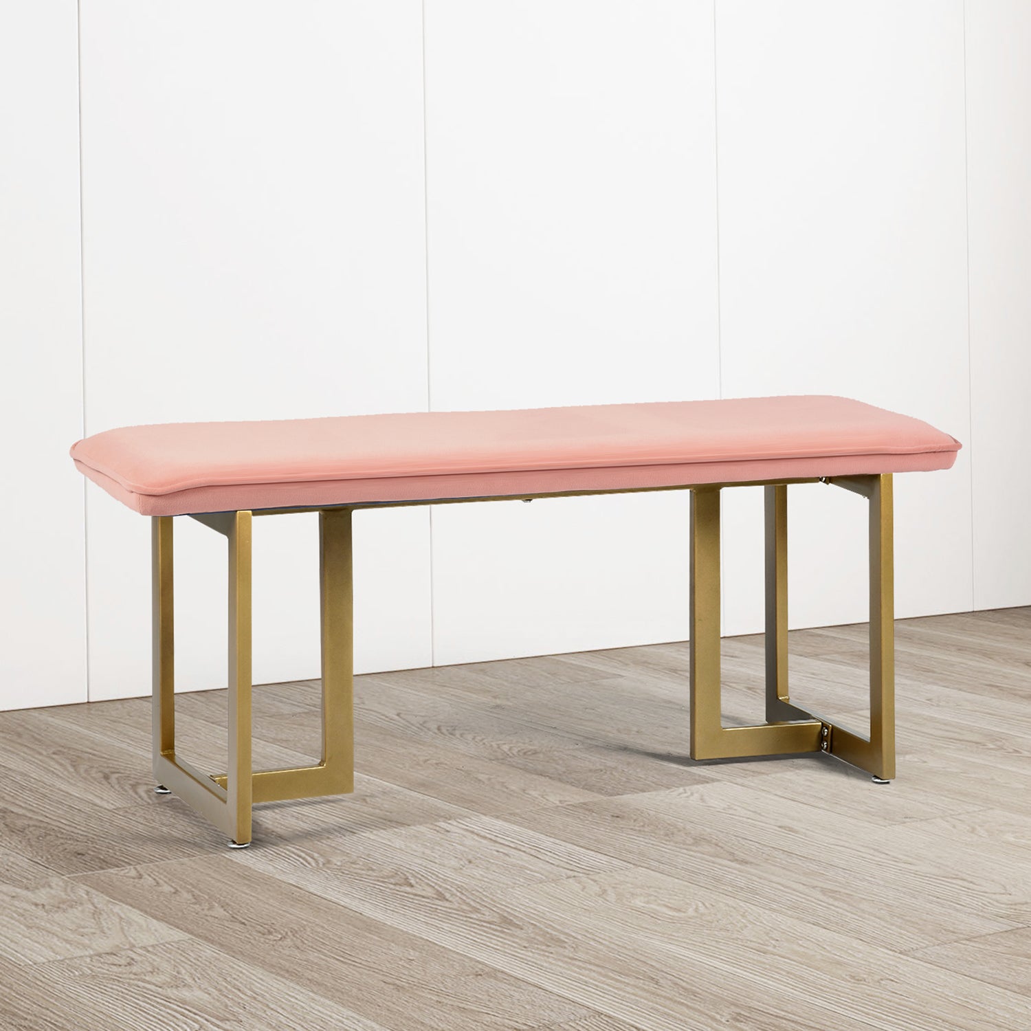 Homy Casa SLIP BENCH FROST BLUSH GOLD LEGS 44.5" x 15" x 18.5" Upholstered Bench for Living Room or Bedroom Open Box