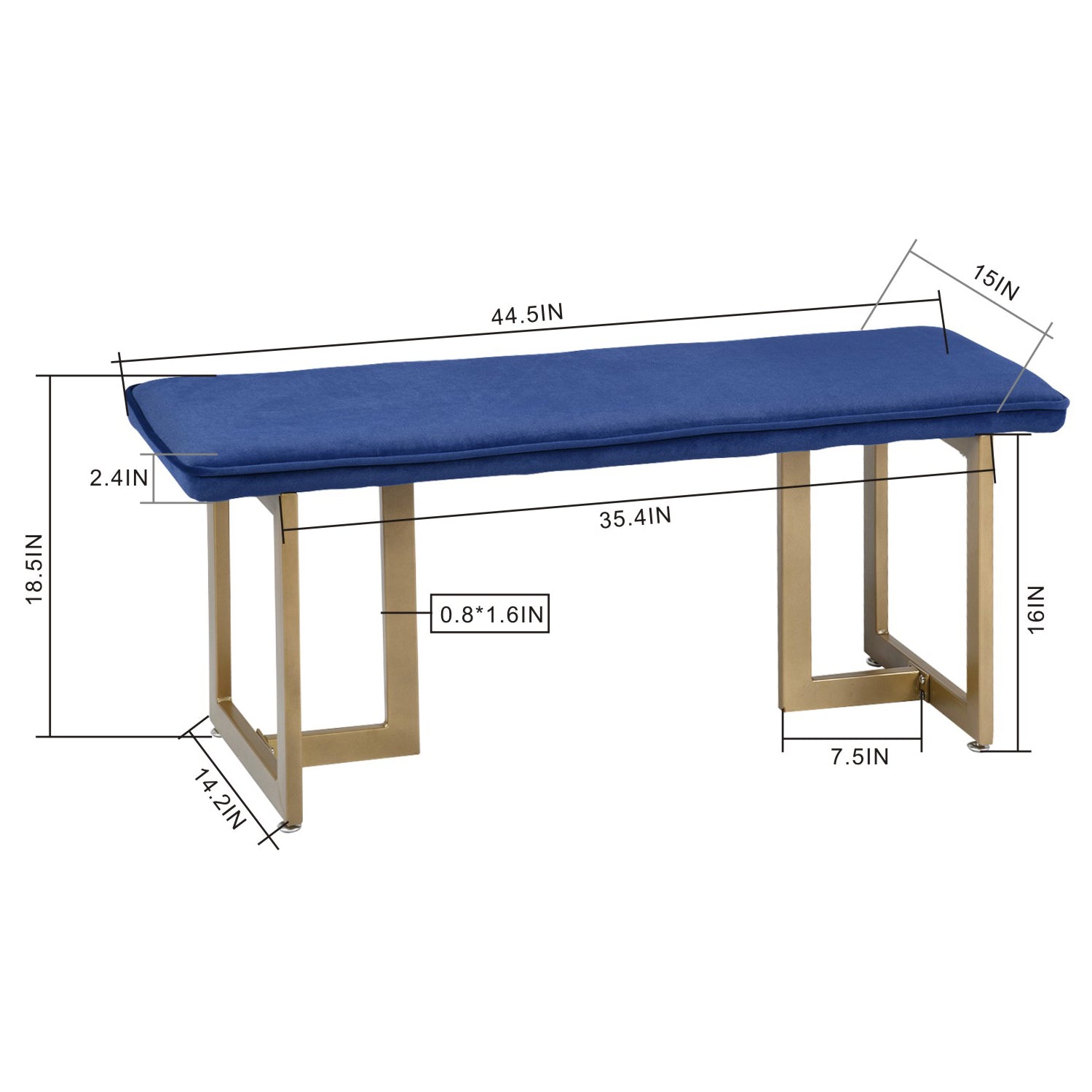 Homy Casa SLIP BENCH FROST ROYAL BLUE GOLD LEGS "44.5 x 15 x 18.5 in" Upholstered Bench for Living Room or Bedroom Open Box