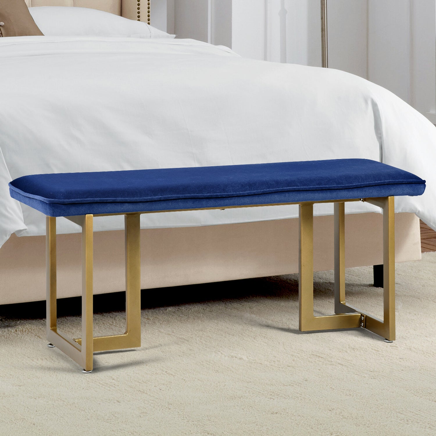 Homy Casa SLIP BENCH FROST ROYAL BLUE GOLD LEGS "44.5 x 15 x 18.5 in" Upholstered Bench for Living Room or Bedroom Open Box