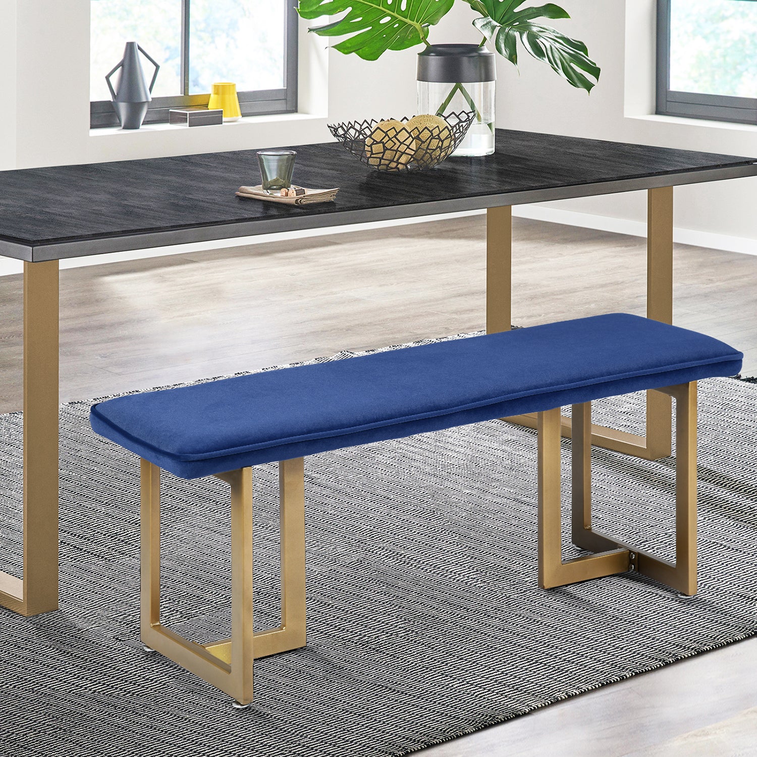 Homy Casa SLIP BENCH FROST ROYAL BLUE GOLD LEGS "44.5 x 15 x 18.5 in" Upholstered Bench for Living Room or Bedroom Open Box